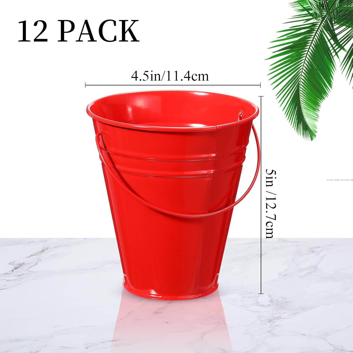Condition photo showing New/Like New for sadnyy 12 pack metal buckets with handle, galvanized bucket 4.5 x 5 inch basket bucket party supplies, crafts for christmas halloween candy bars vase crafts(red)