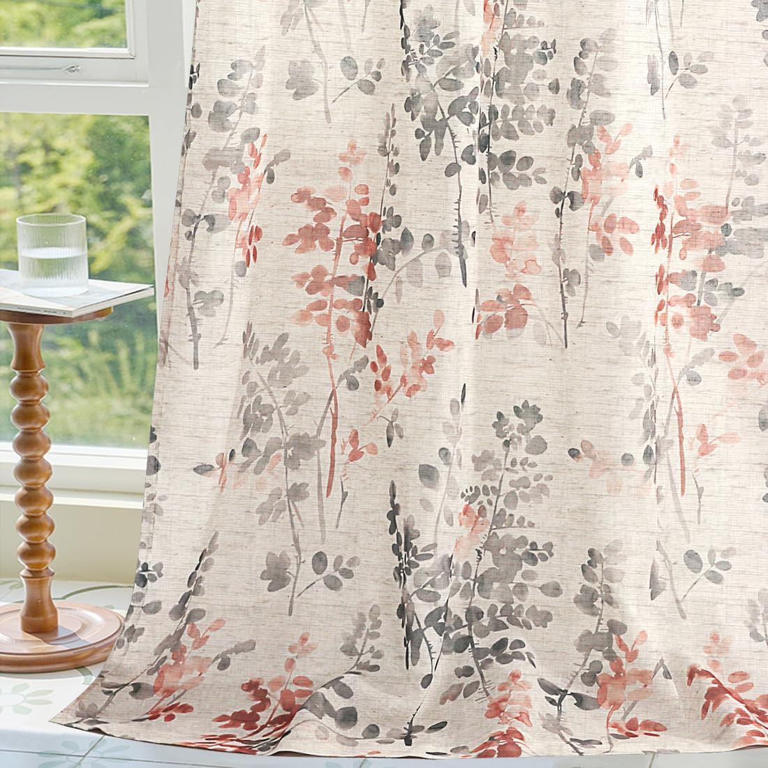 Printing Semi Sheer Curtains Sheer Linen Curtains 84 Inch Long for Living Room Bedroom Classical Floral Printing Window Treatment Grommet 2 Panels (Grey/Red, 52''Wx 108''L)