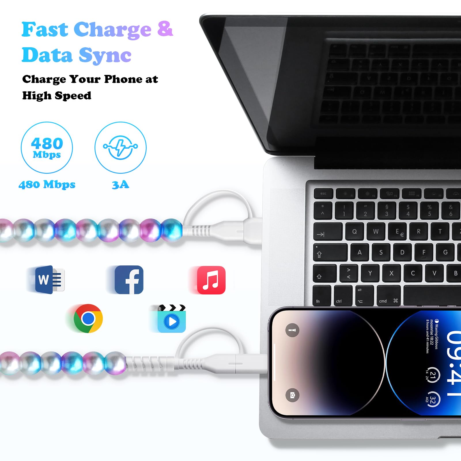 USB-C-Ladekabel, Perlen-Ladekabel, 4-in-1, MFi-zertifiziert, 1,8 m, Schnellladekabel, niedliche Perlenapplikation für iPhone 17, 16, 15, 14, 13, 12, 11 Pro Max, für Galaxy S25, S24, S23, S22