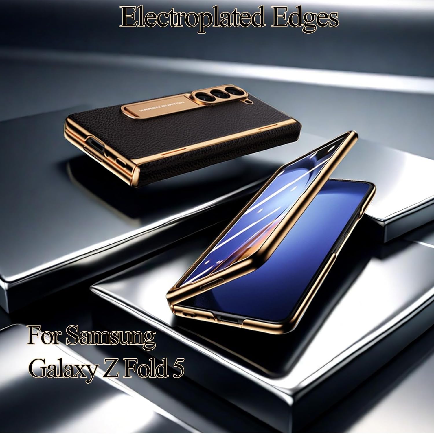 For Samsung Galaxy Z Fold 5 Phone Case,Luxury Genuine Leather,Classical Litchi Pattern,Full Body Protection,Built-in Screen Protector,Kickstand Drop Proof Protective Cover for Z Fold5 (Black)