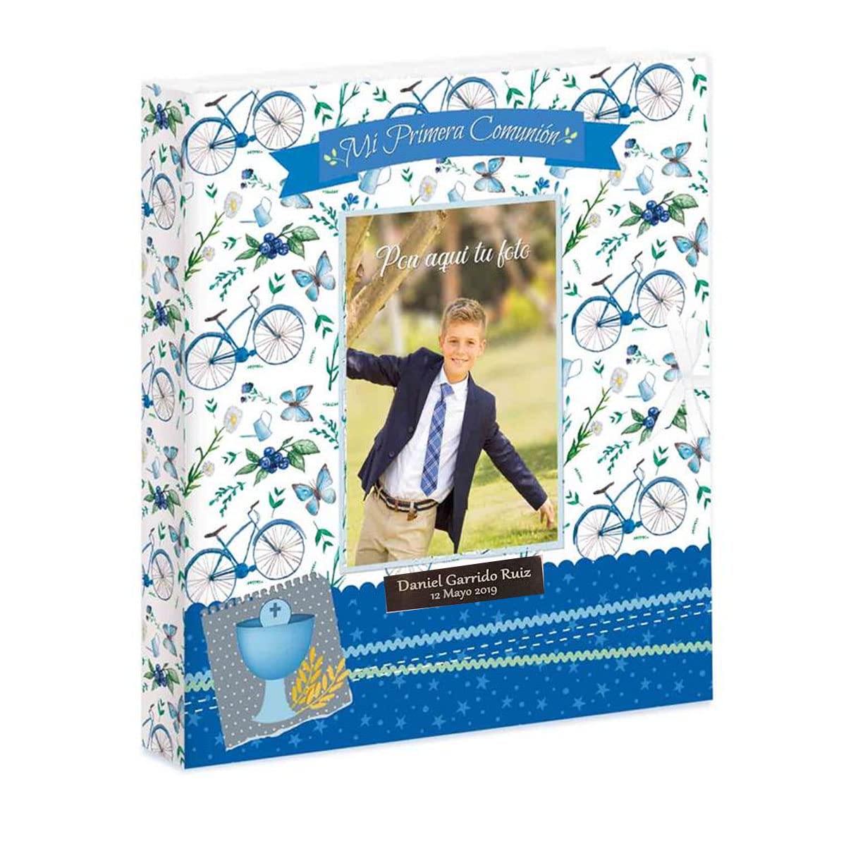 Libro de Comunión para Firmas Personalizado con Nombre y Fecha - Libro de Firmas y Fotos con Placa Grabada (Azul) — view 7