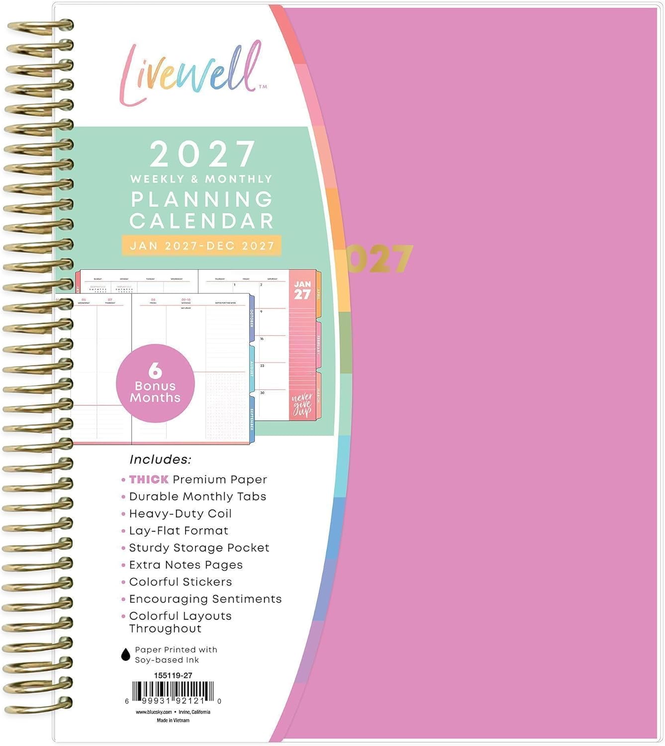 Blue Sky Livewell 2027 Weekly and Monthly Planner Calendar, January 2027 - December 2027, 7" x 9", Flexible Cover, Durable Twin Wire Binding, Colorful Pages, Storage Pocket, Includes Stickers, Magenta