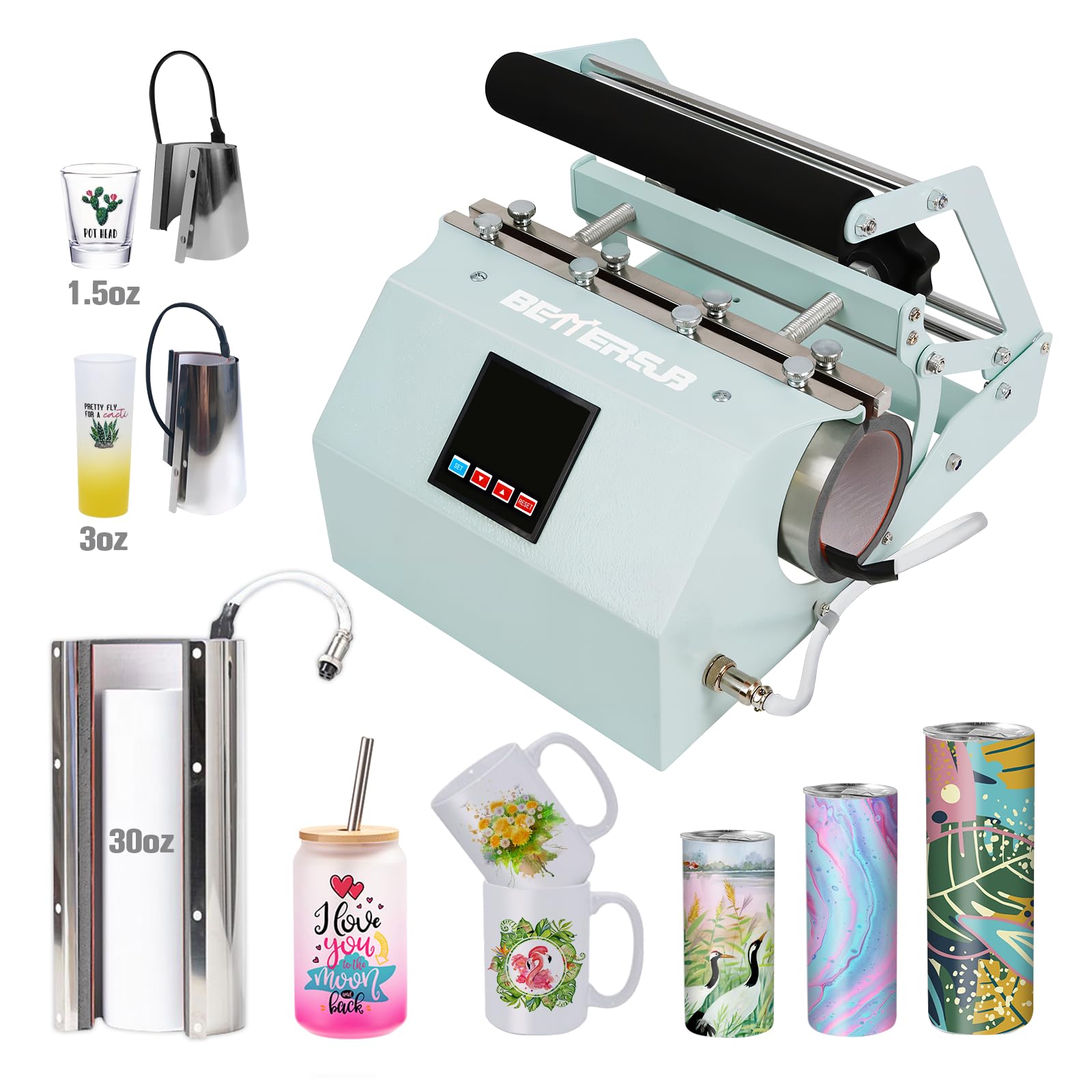 BetterSub 3in1 Tumbler Mug Heat Press Machine 30 OZ 20 OZ 16 OZ Sublimation Straight Skinny Tumbler Mug 3 OZ 1.5 OZ Shot Glass,11 OZ 15 OZ 16 OZ Sublimation Mug Heat Transfer Teal
