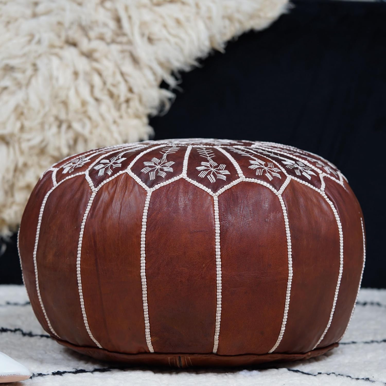 Handcrafted Moroccan Leather Pouf Ottoman, Dark Brown, 20x14 Inches, Unstuffed, Traditional Embroidered Design Footstool