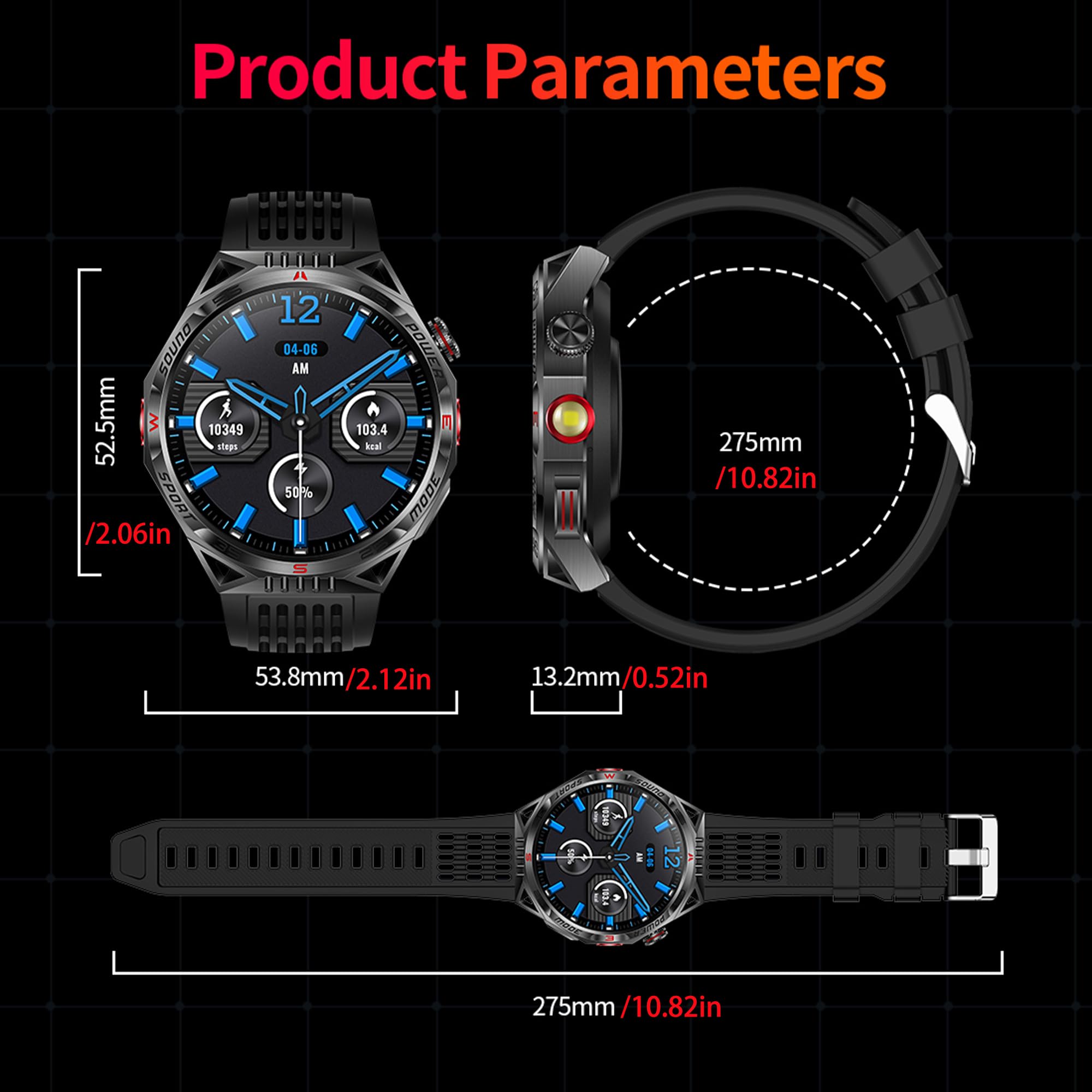 Reloj inteligente para hombre con función de teléfono, linterna, 1,85 pulgadas, AMOLED 5 ATM, reloj inteligente redondo, rastreador de actividad, con 123 modos deportivos, presión arterial, monitor de