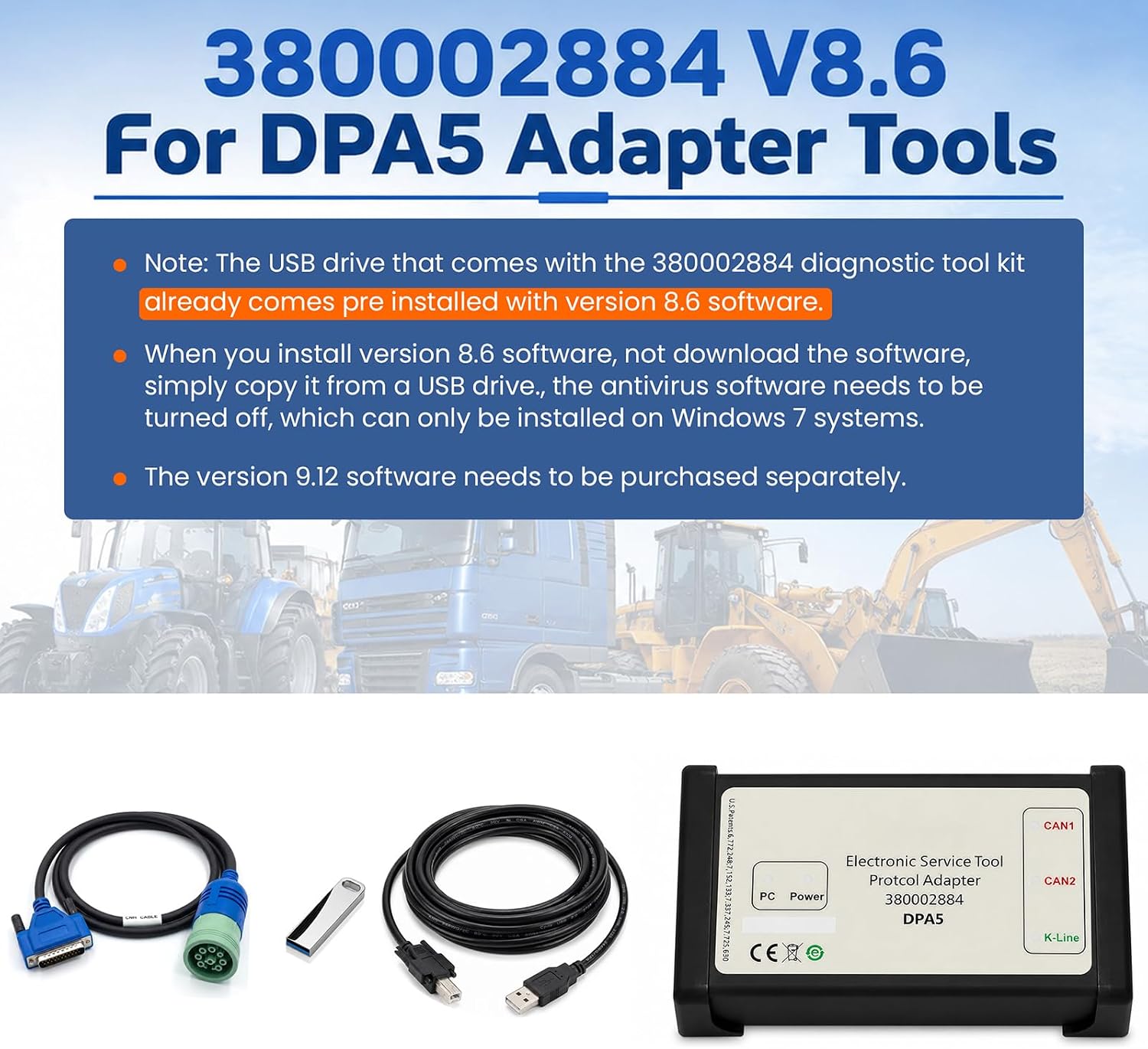 380002884 V8.6 EST DPA5 Diagnostic Tool Kit, for Dearborn Protocol Adapter 5 for New Holland Electronic Service Tools, Compatible with Tractor Loader Excavator, CNH image 2