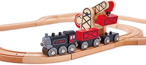 Miniatura 7 de Hape Steam-Era Tren de carga  Juguete clásico de locomotora para niños negro y rojo con vagones de carga descargables