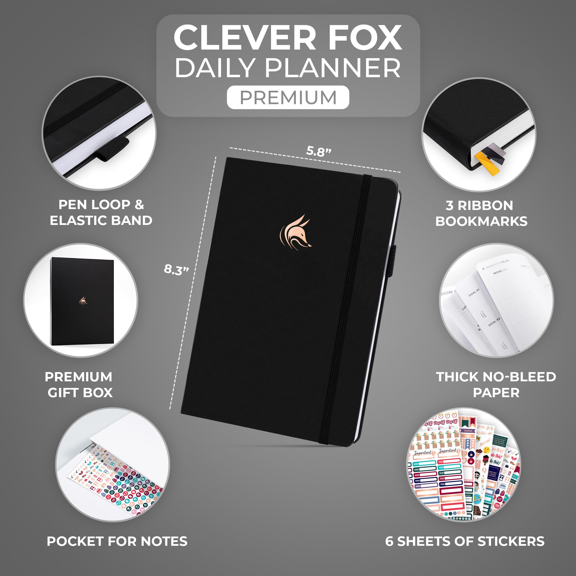 Clever Fox Planner Daily Premium – Agenda giornaliera senza data, con orario, organizzatore personale, diario della produttività, 6 mesi (nero)
