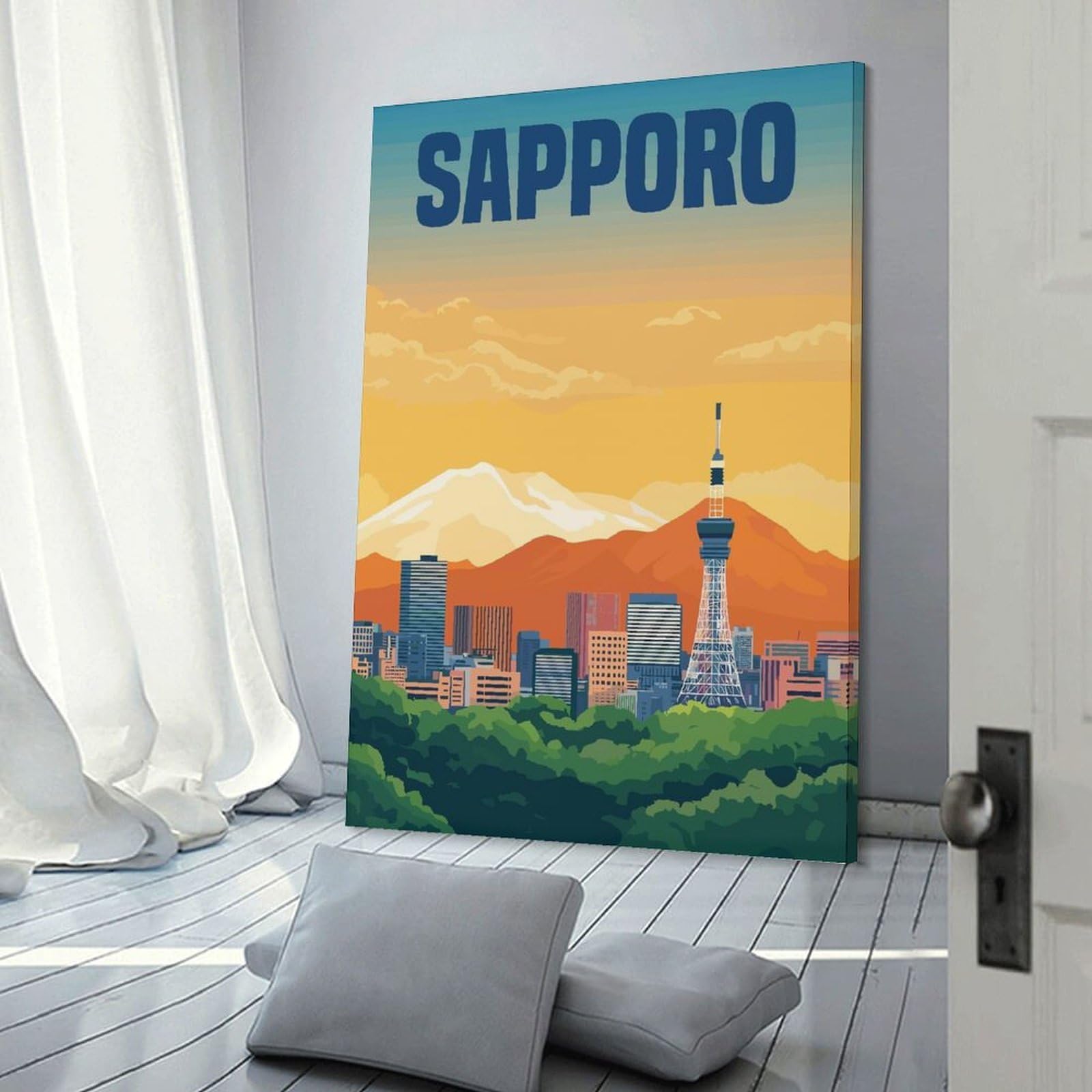 Junmoney Sapporo Cityscape Japan Canvas Wall Decor, 24x36inch(60x90cm), for Home Office, Desk Area Or Studio, Wall Art That Adds Style to Work Areas