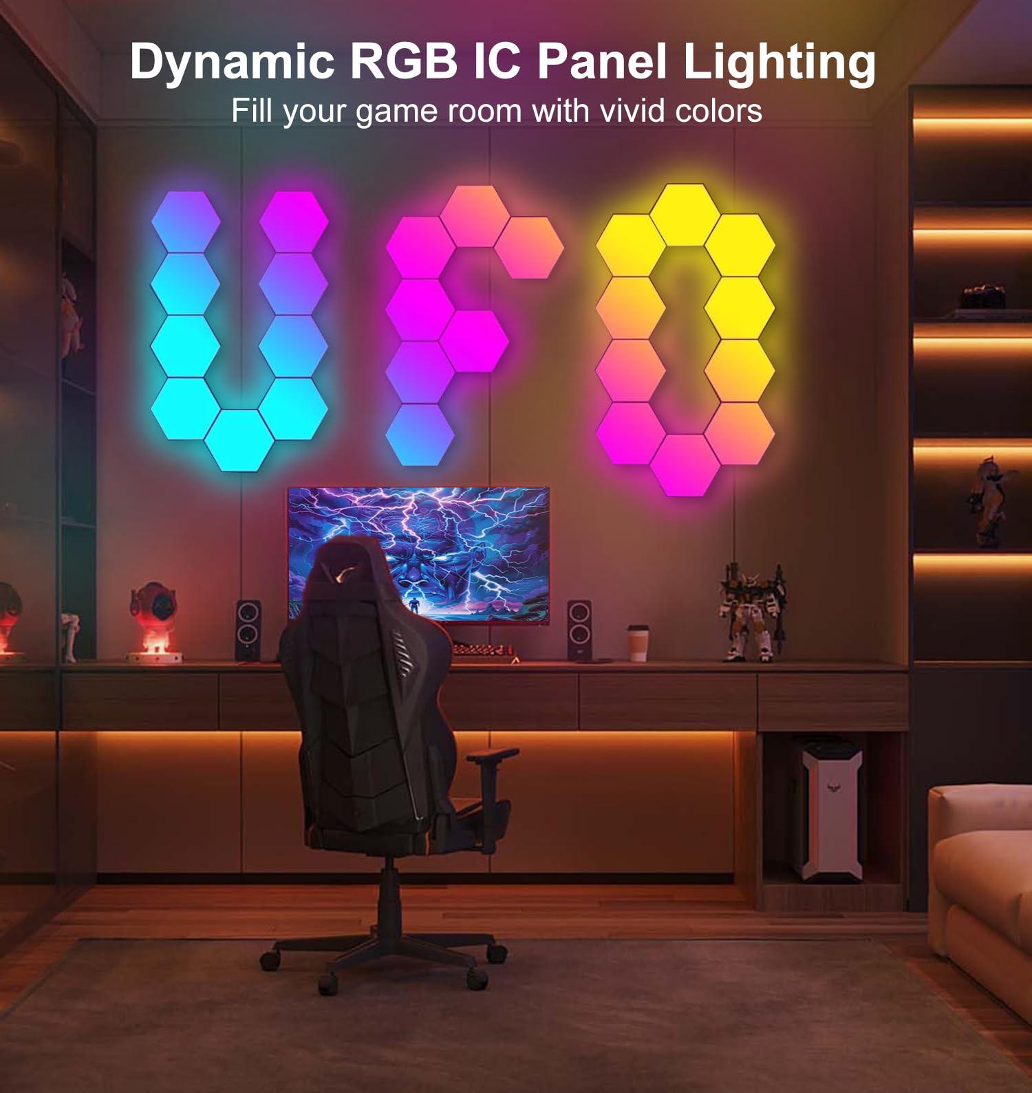 Hexagon LED Panel für Gaming Setup, 14 Smart Home Gaming LED Sechseck Wandleuchte Funktioniert mit Alexa Google Assistant, Gaming Wandpaneele Sprach- App-Steuerung Musik Sync für Zimmer Deko Geschenk