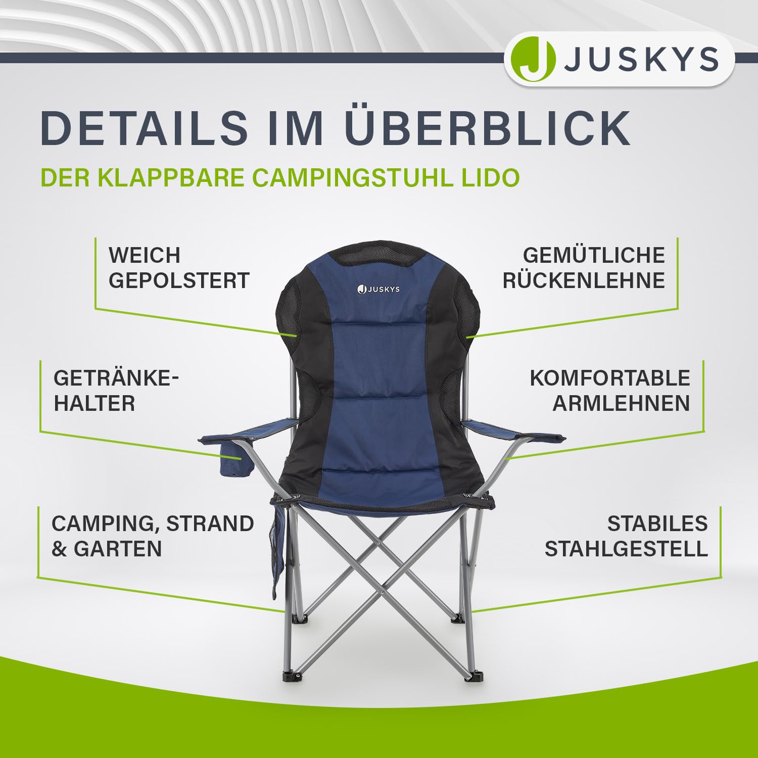 Juskys® Campingstuhl Lido faltbar inkl. Getränkehalter, Seitentasche & Tragetasche - Camping Klappstuhl gepolstert mit Armlehne & Rückenlehne - 4 Farben