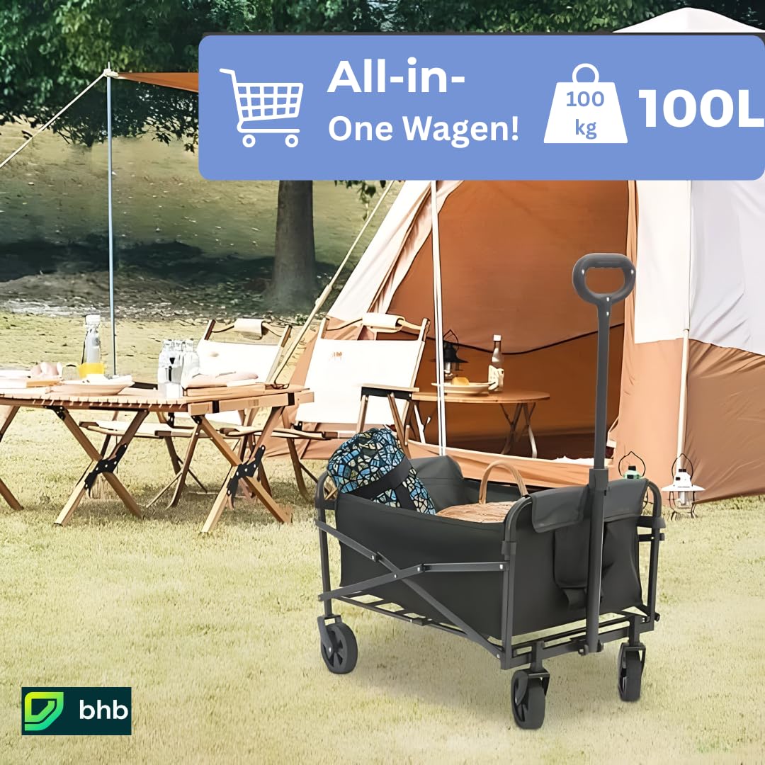 Bollerwagen Faltbar 100L 120kg, Klappbarer Handwagen, Geländegängig, Trolley für Garten Einkauf Camping, Schwarz, 4 Rollen & Kompakt Verstaubar, Größe 88×73×46cm