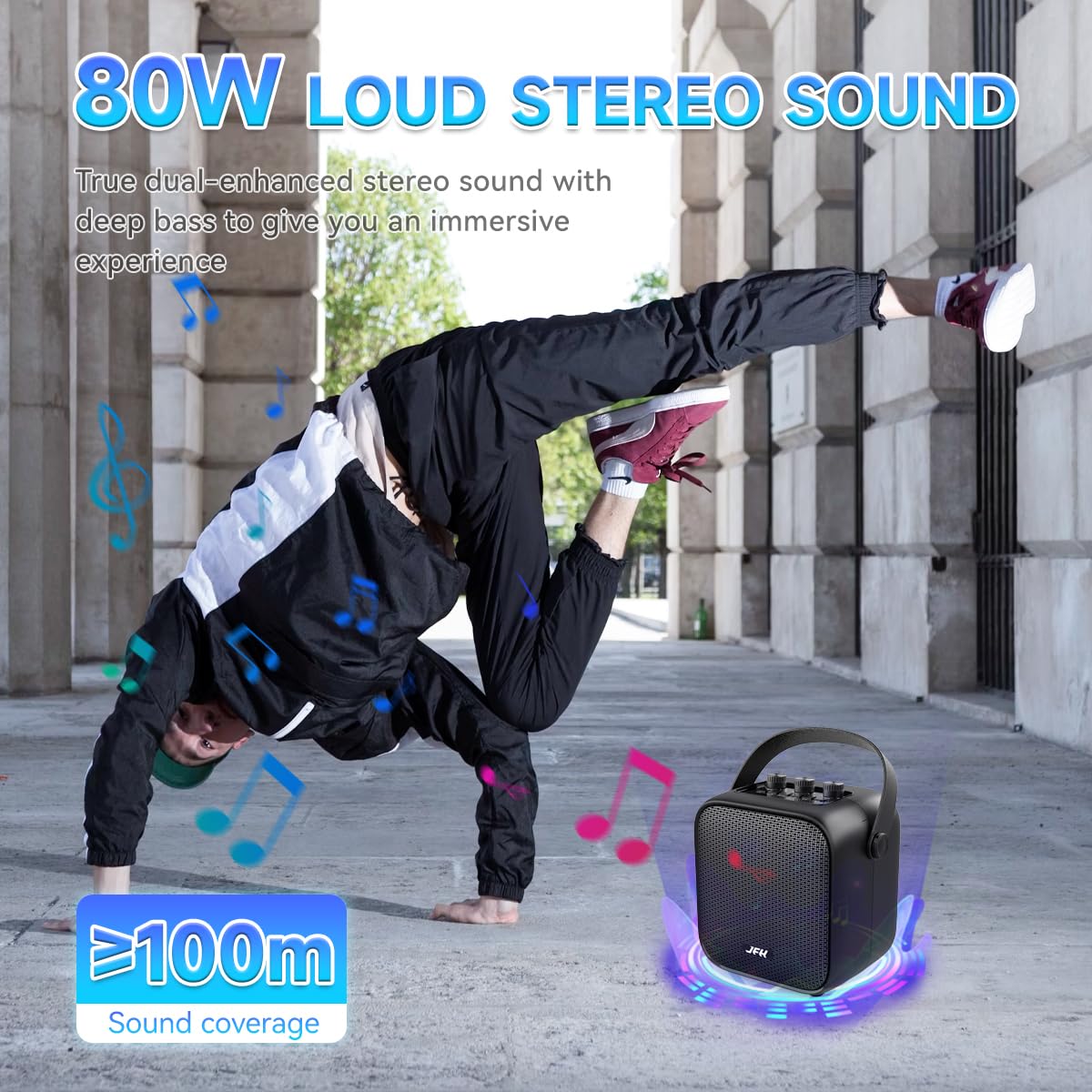 JFH Portable Bluetooth Speaker with Wireless Microphone,80W Peak Speaker with Remote, Bluetooth 5.3 Outdoor Speakers, Wireless Stereo Pairing, Portable Speaker for Party,Home,Travel 2