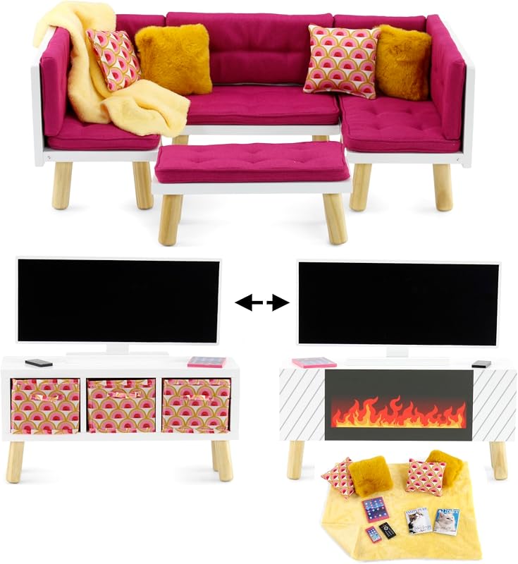 Juego de muebles para sala de estar de muñecas de 18 pulgadas - Sofá cama seccional convertible de madera de 19 piezas con TV, chimenea, cojines antideslizantes y accesorios, se adapta a American Girl - Rosa