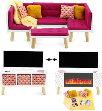 Emily Rose 18 Inch Doll Living Room Furniture Set - 19 Piece Wooden Convertible Sectional Sofa Daybed with TV, Fireplace, No-Slip Cushions & Accessories, Fits American Girl - Pink