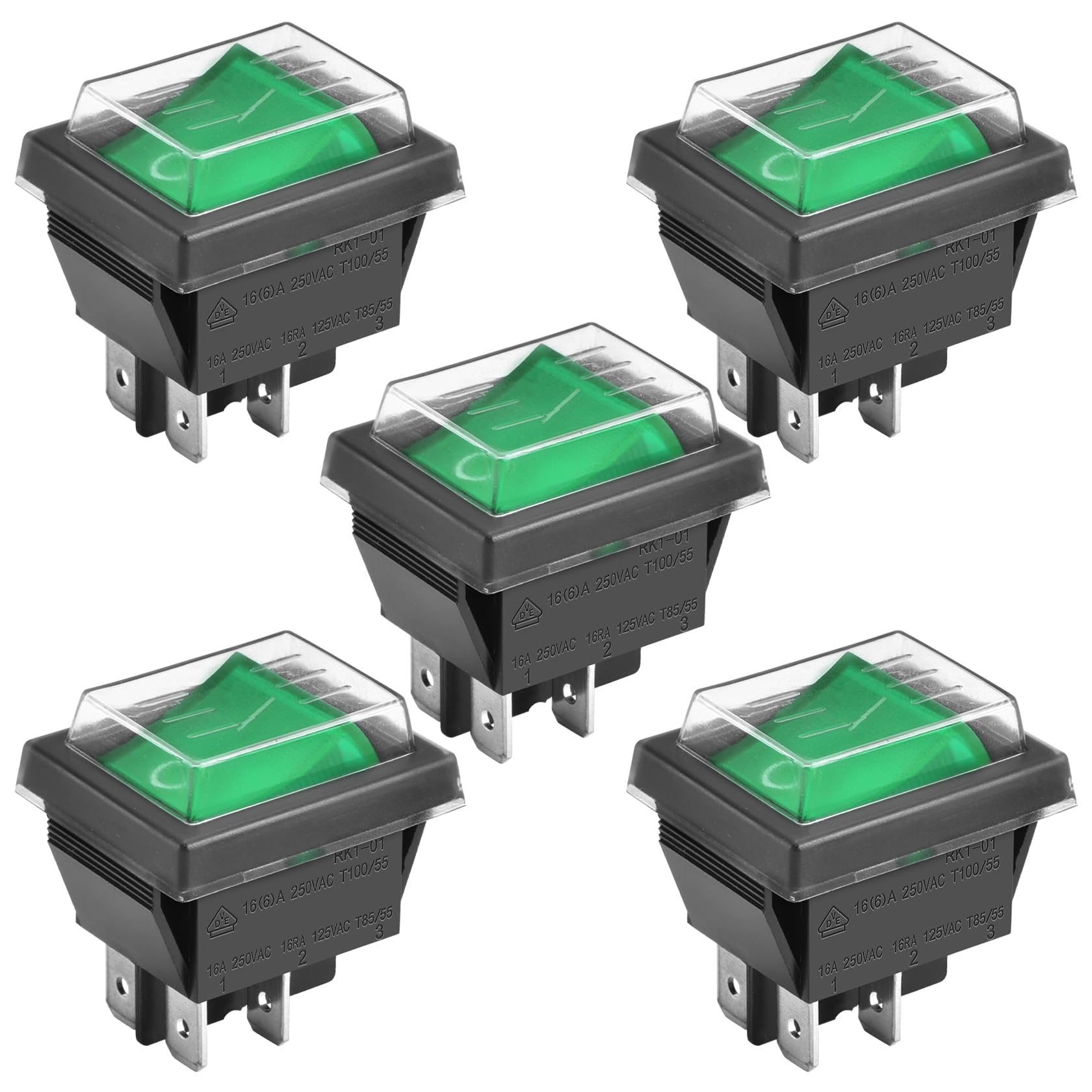 Heschen Rocker Switch ON-OFF DPST 4 Terminals Green Light 16A 250VAC With Waterproof Cover (5)