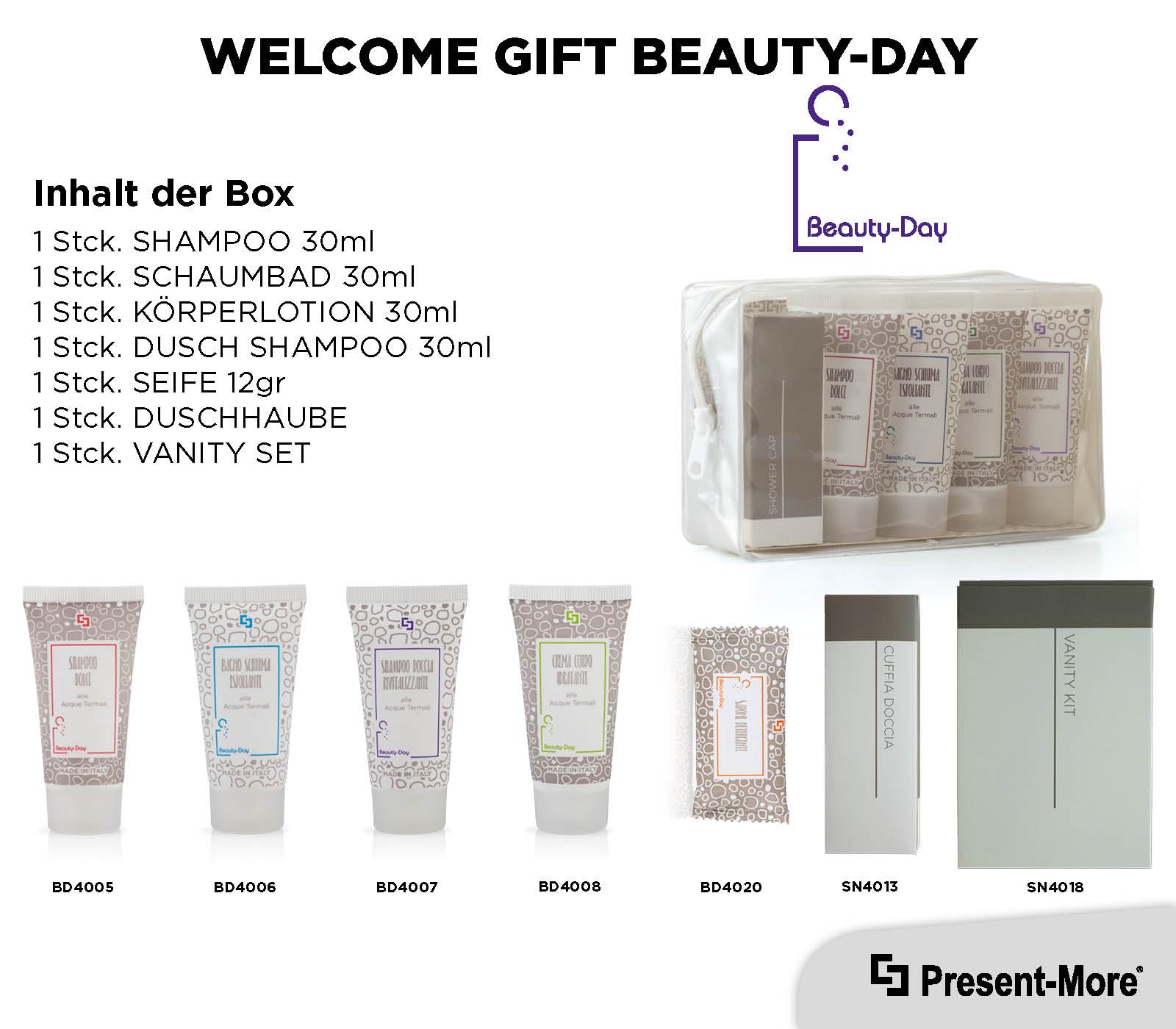 Present-More Amenities Kit Beauty-Day Italy - Welcome Gift Toilettenartikel 24 Gäste für Hotels und B&B | Allergenfreie Amenities Kit mit Duftnote Ylang Ylang