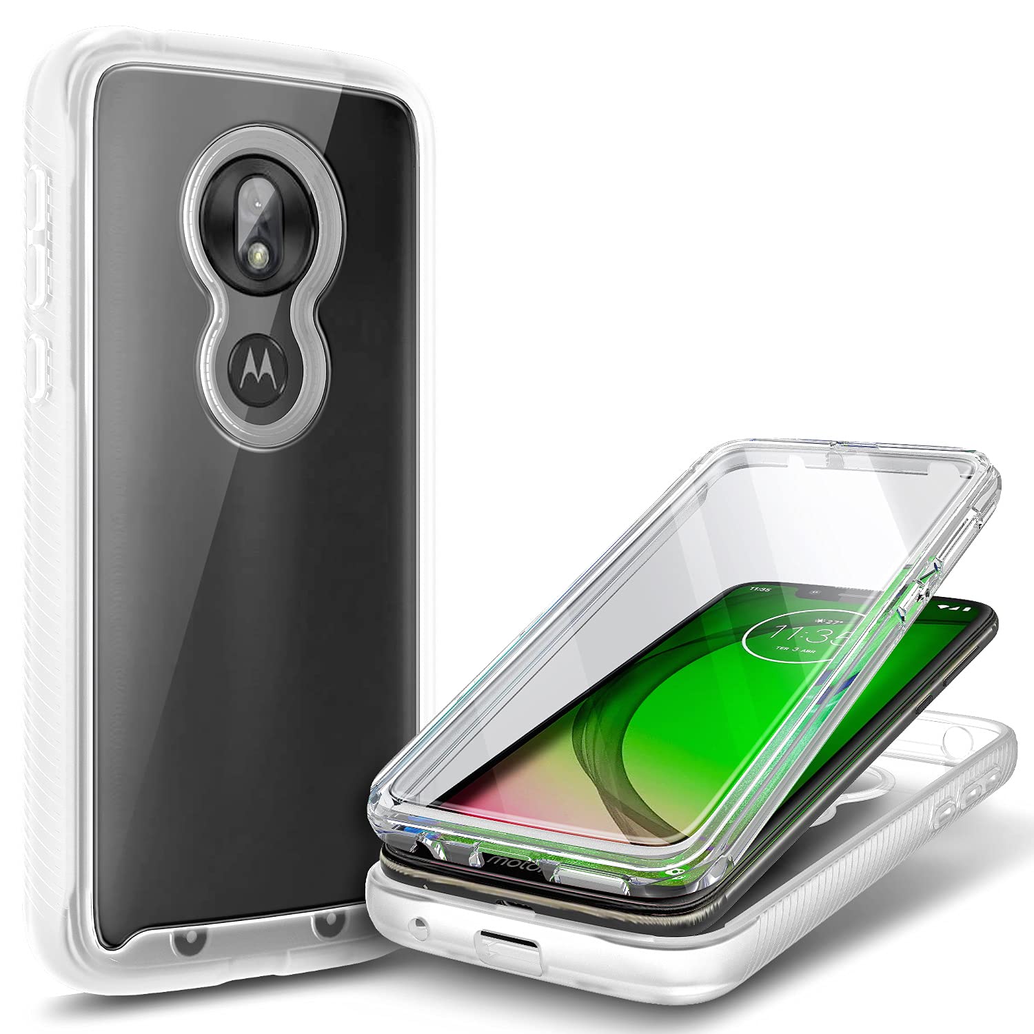 E-Began Moto G7 Power Case with Built-in Screen Protector, Motorola Moto G7 Supra/Moto G7 Optimo Maxx (XT1955DL), Full-Body Protective Rugged Bumper Cover, Transparent Clear Back Durable Case -Matte