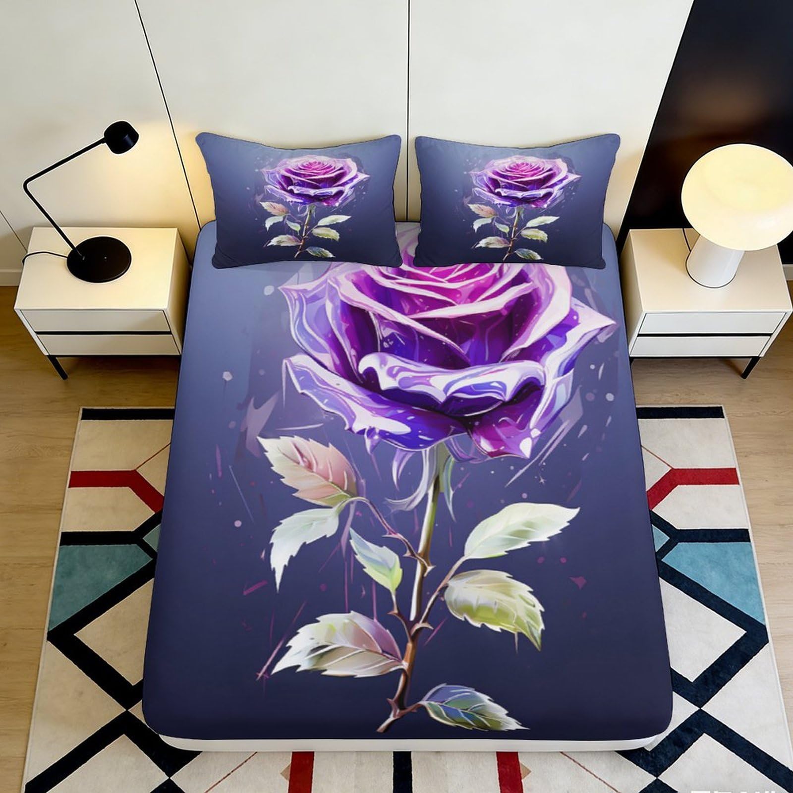 Dhbaneiok Style-2 3D Printed Purple Rose Fitted Sheet Microfiber Soft Anti-Slip Bed Sheet For Bedroom Guest Room Artistic Decor 90X200x25cm