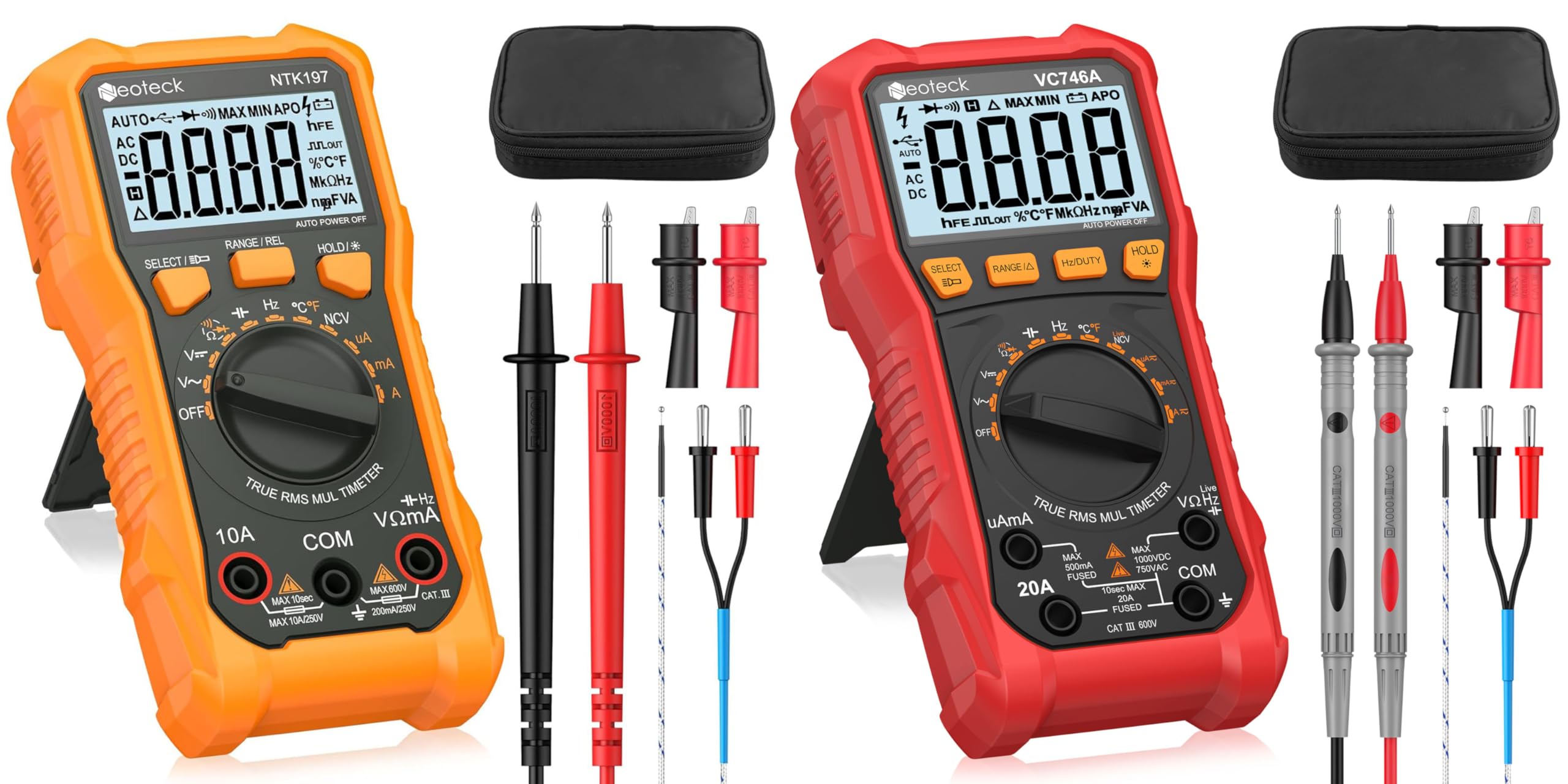 Neoteck Combo Professionale di Multimetri: Multimetro Arancione Durevole 2000 Conteggi con NCV e Temperatura + Multimetro 6000 Conteggi TRMS Auto-Range per Elettricisti, Tecnici e Fai-da-Te