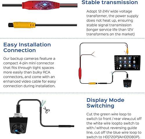 Miniatura 4 de Cámara de respaldo con vista frontal conmutable – 1080P metal AHD, visión trasera gran angular de 170°, visión nocturna súper clara, inversa