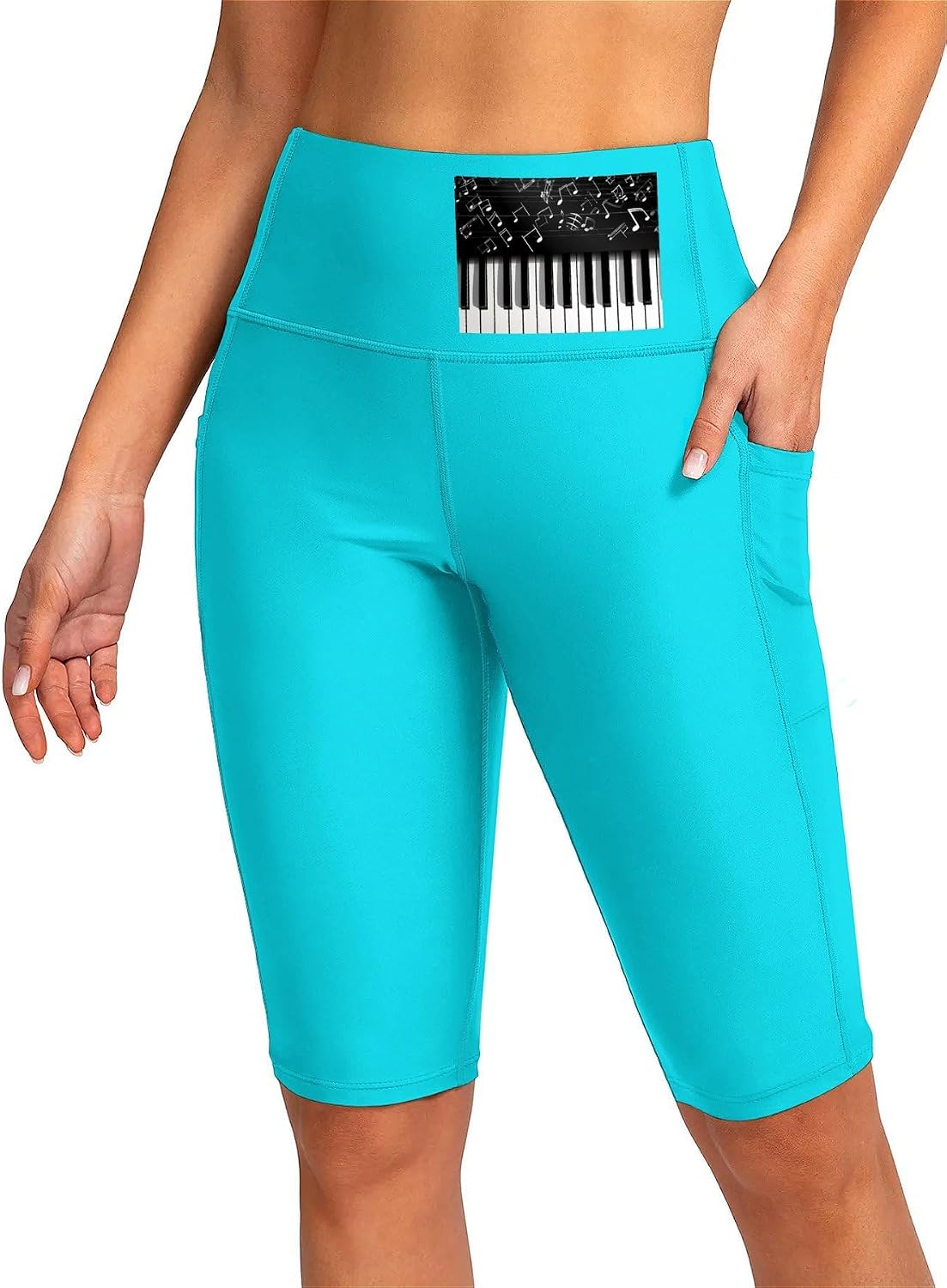 Piano Keys with Musical Notes Swim Shorts with Pockets, Bottoms Swimwear, Women's Swim Pants Aurora Blue, Bathing Suit Leggings Medium