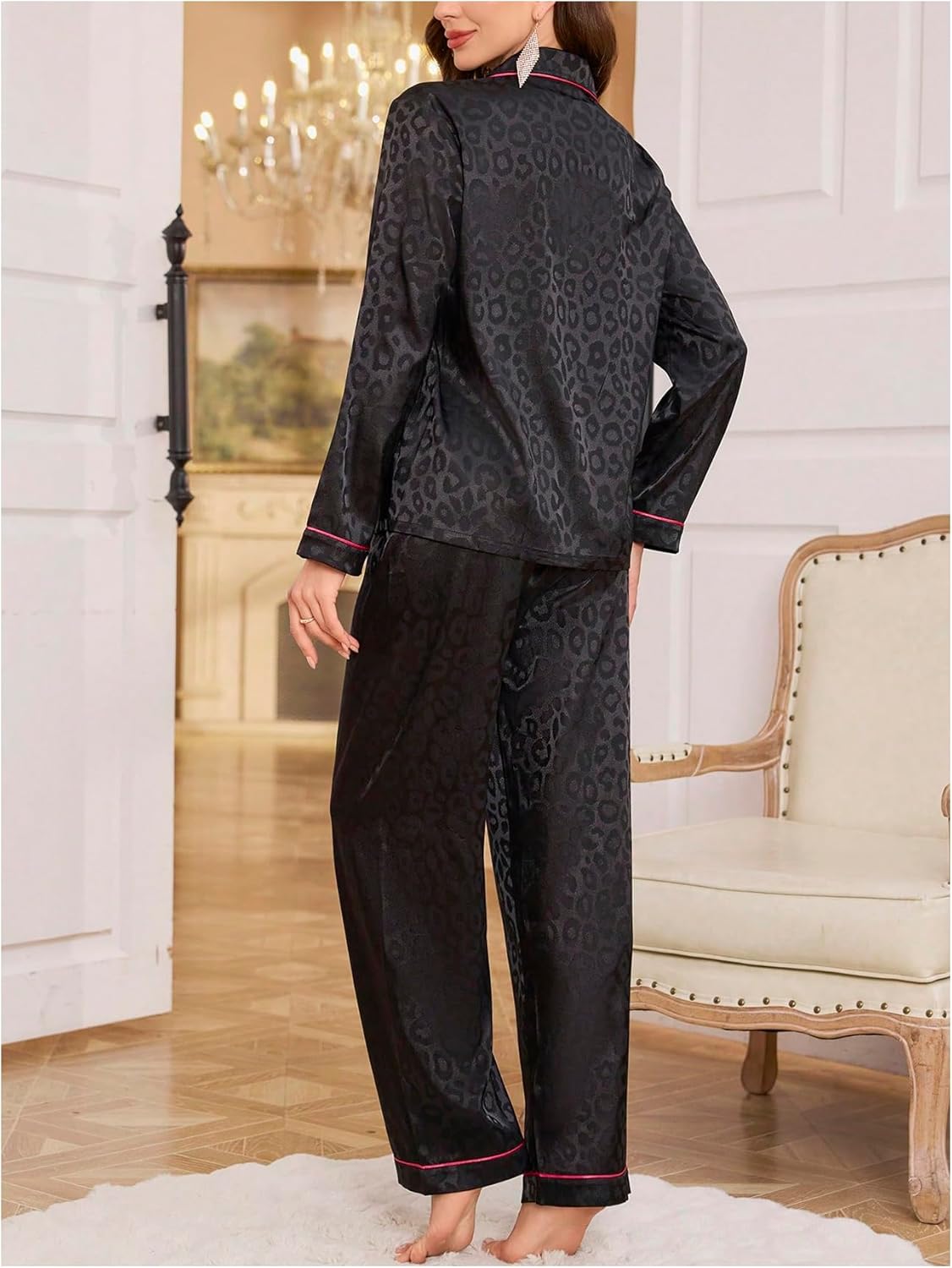 OYOANGLE Women's Satin Pajama Set Leopard Jacquard Button Down Sleepwear Long Sleeve Shirt Pants Pjs Sleepwear - Image 3