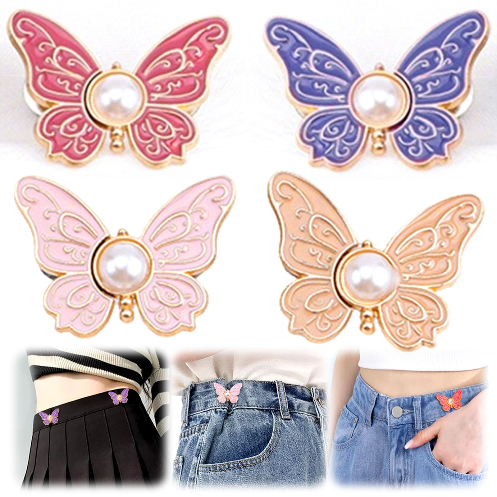 Women's 6Pcs Butterfly Waist Tighteners, 2026 New Jean Buttons Pins, Adjustable Waist Buckle Pants Clips