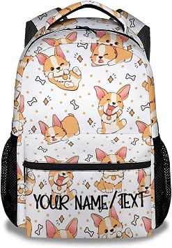 Personalized Cute Corgi Backpack with Name Text, 16 Inch Dog Theme Bookbag with Adjustable Straps, Durable, Lightweight, Large Capacity, School Backpack for Kids Girls Boys