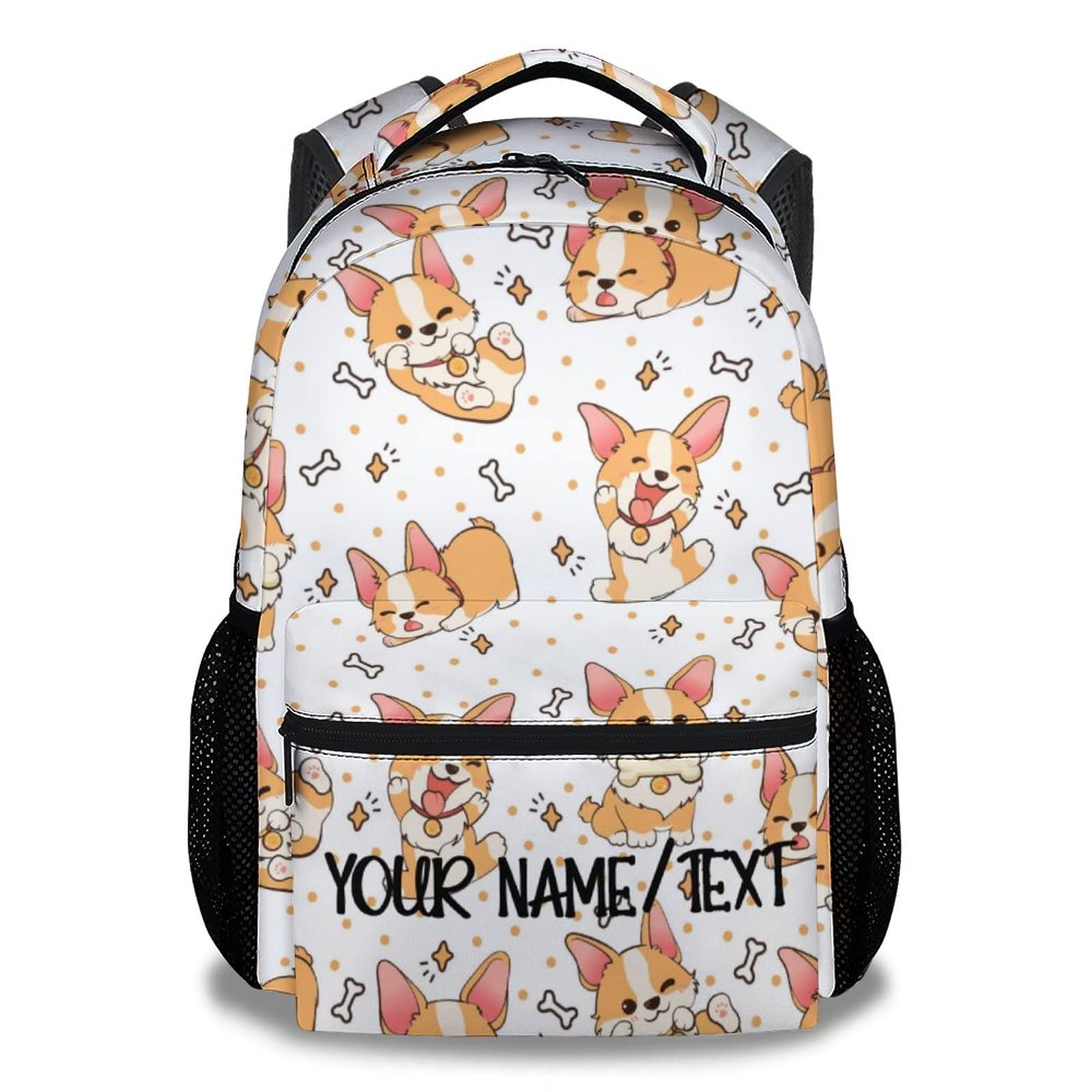 COOPASIA Personalized Cute Corgi Backpack with Name Text, 16 Inch Dog Theme Bookbag with Adjustable Straps, Durable, Lightweight, Large Capacity,