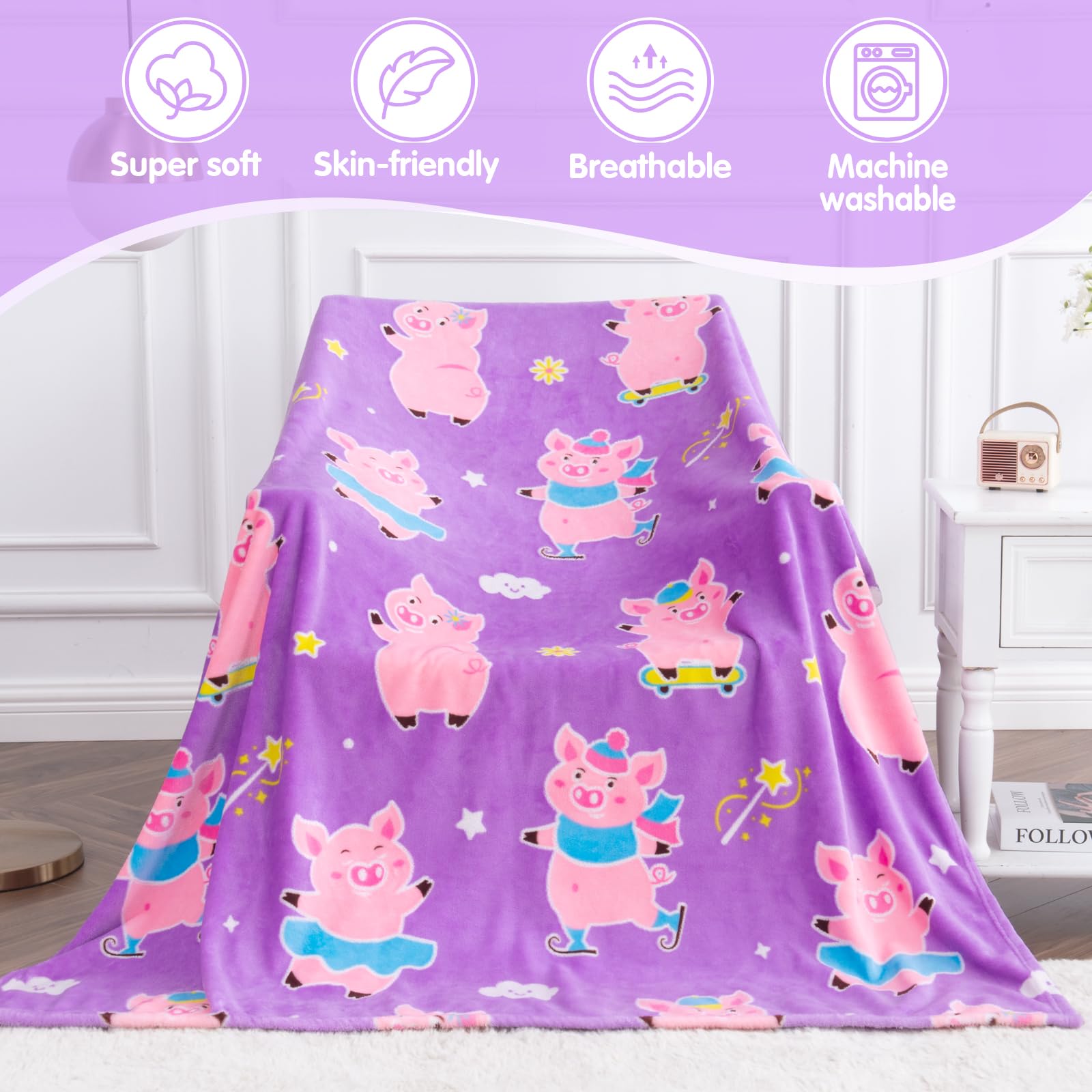 Glow In Dark Pig Blanket For Kids - Kawaii Pink Pig Themed Throw For Girls Birthday Christmas Gifts