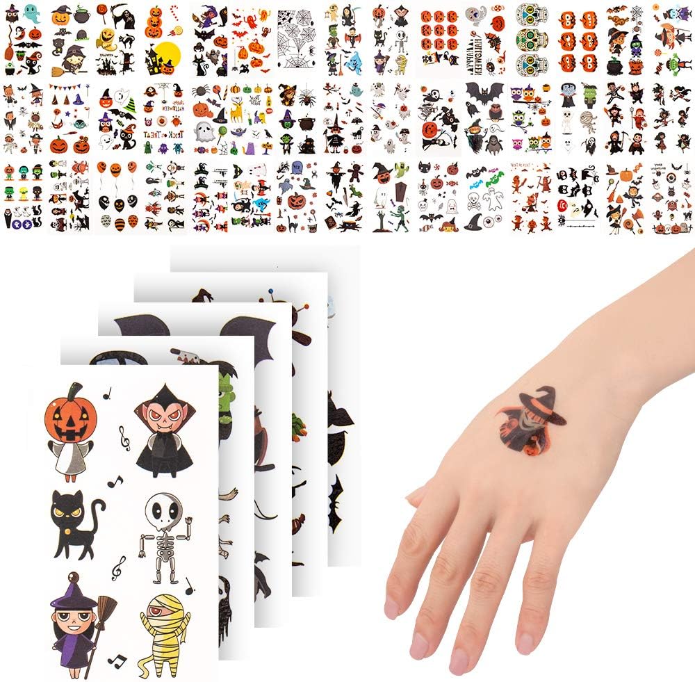 400 Halloween Temporary Tattoos for Kids, Non-Toxic Stickers for Halloween Makeup, Party cosplay costumes, Face Decals Party Supplies, Halloween Favors for Boy and Girls