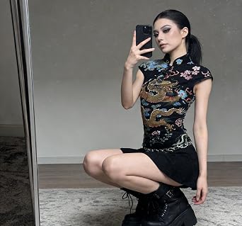 レディース Y2k ノット ボタン パフスリーブ Tシャツ 2000年代 スリムフィット カットアウト クロップトップ スタンドカラー チャイナドレス