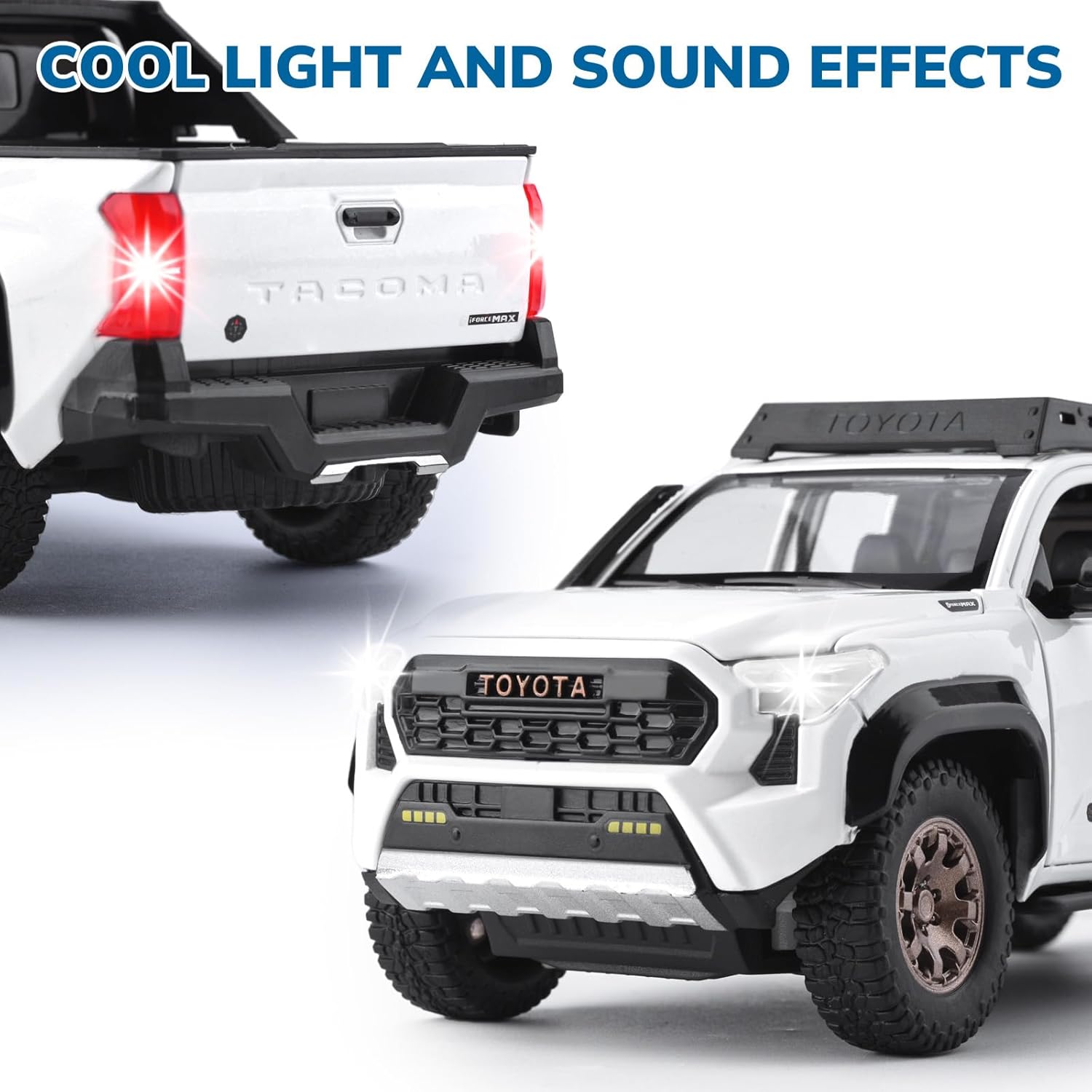 Toy Trucks for Boys 1 24 Diecast Cars Tacoma Toy Truck,Collectible Metal Pickup Trucks Model Car Kits,Pull Back Tacoma Truck Toy with Lights and Sounds,Toy Trucks for Boys Age 4-7（White）
