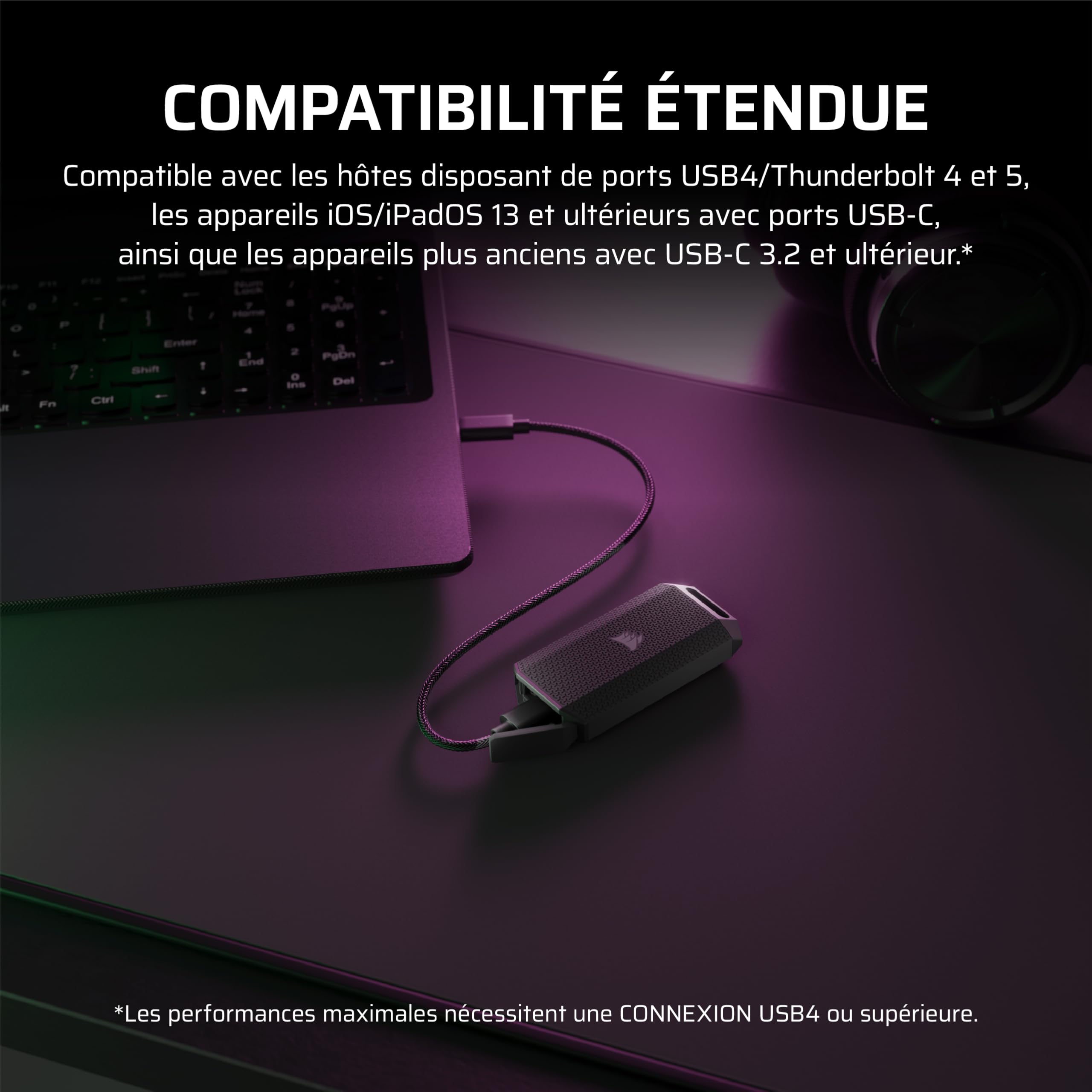 CORSAIR EX400U SURVIVOR 1 To USB4 SSD Externe – Jusqu’à 4 000 Mo/s en Lecture, 3 600 Mo/s en Écriture, Stockage NVMe IP55 robuste, USB4/Thunderbolt 4, Rétrocompatible – Plug-and-Play PC/iOS/Mac – Noir