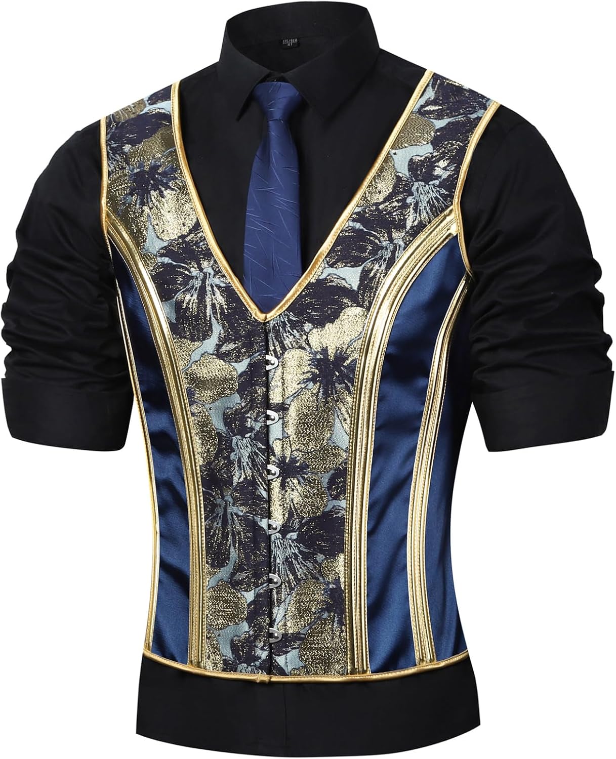 Men Corset Vest Lace Up Bones Dress Waistcoat Medieval Blue Print Tight Fitting Stage Wedding
