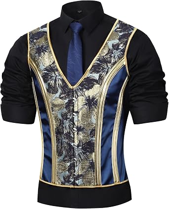 Men Corset Vest Lace Up Bones Dress Waistcoat Medieval Blue Print Tight Fitting Stage Wedding