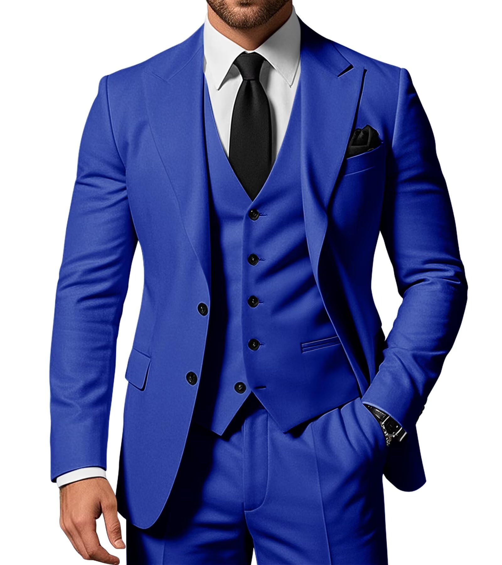 SPTALLFITJSV Men's 3 Piece Suits Slim Fit Peak Lapel 2 Button Blazer Jacket Vest Pants Set Wedding Business Prom Party Suit
