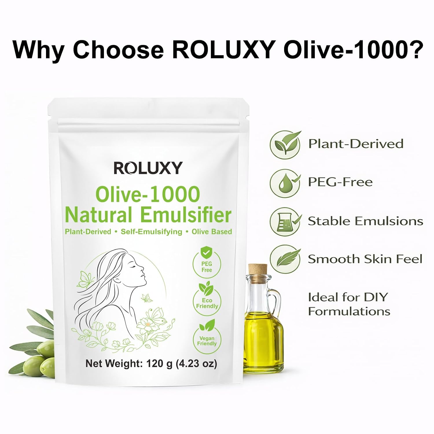 ROLUXY Olive-1000 Natural Emulsifier | 100% Pure Emulsifying Wax 120g (4.23oz) | PEG-Free, Self-Emulsifying for DIY Skincare & Haircare, Cetearyl Olivate & Sorbitan Olivate | Olivem 1000 Emulsifier | 100% Pure Emulsifying Wax