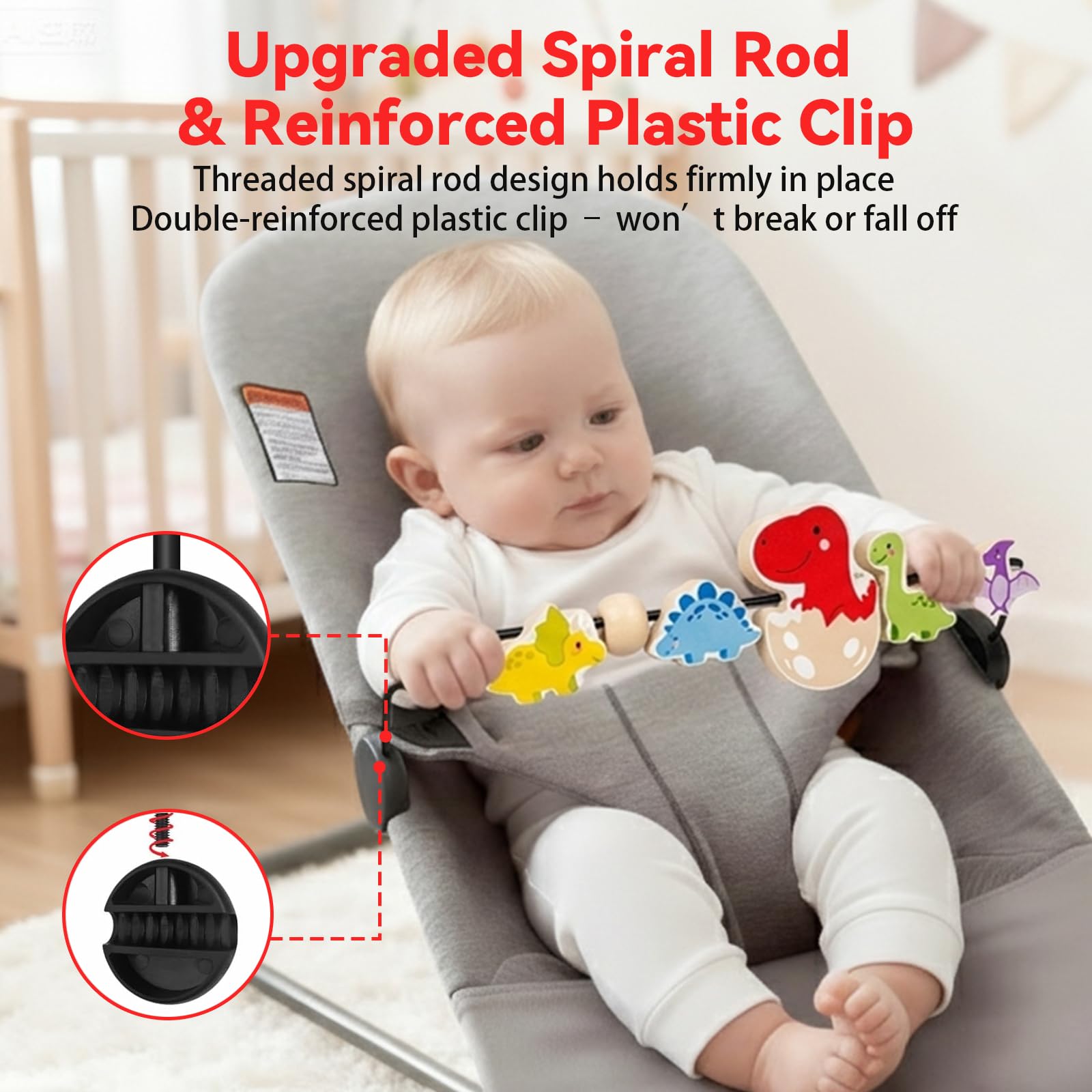 Spielzeug für Babywippe, Kompatibel mit BabyBjorn Wippe Balance Soft & Bliss, Drehbarer Holz Spielbogen für Babys, Sensorisches Entwicklungsspielzeug (Farbige Dinosaurier)