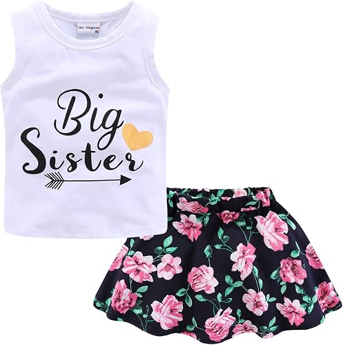 Mud Kingdom Summer Skirt Set for Toddler Girls White Big Sister Letter Print Sle