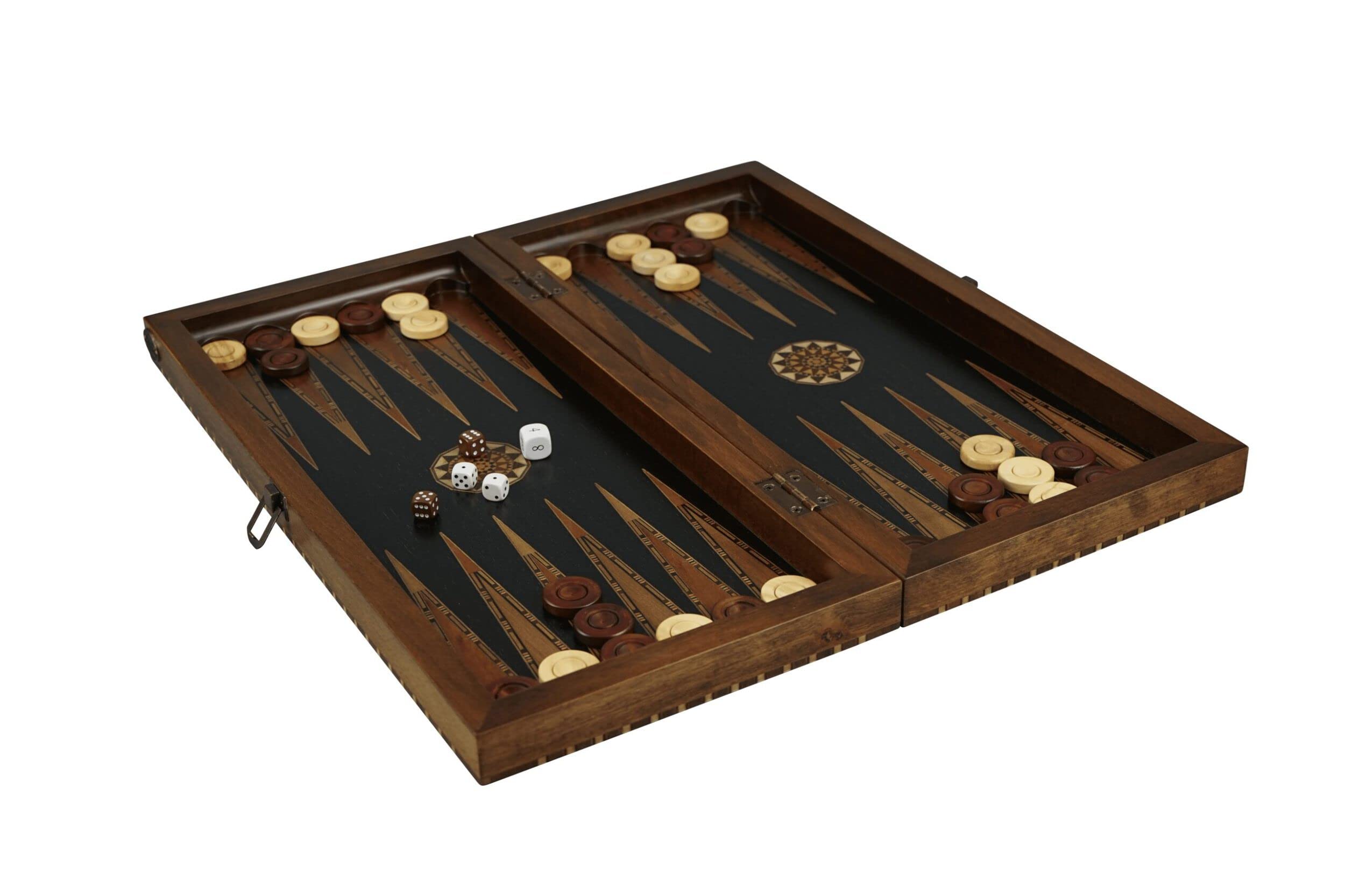 Grande set di scacchi e backgammon in legno Helena in ebano rurale con pezzi di scacchi Staunton tedeschi ebanizzati 50,8 cm
