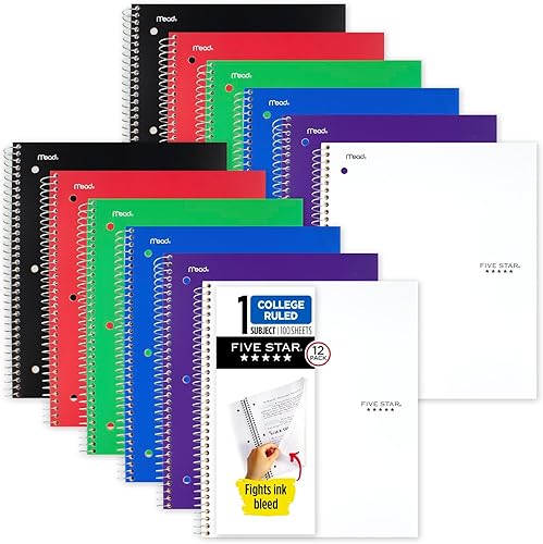 Five Star Cuadernos de espiral + aplicación de estudio, paquete de 12, 1 materia, papel rayado universitario, 8-1/2 x 11 pulgadas, 100 hojas, 2