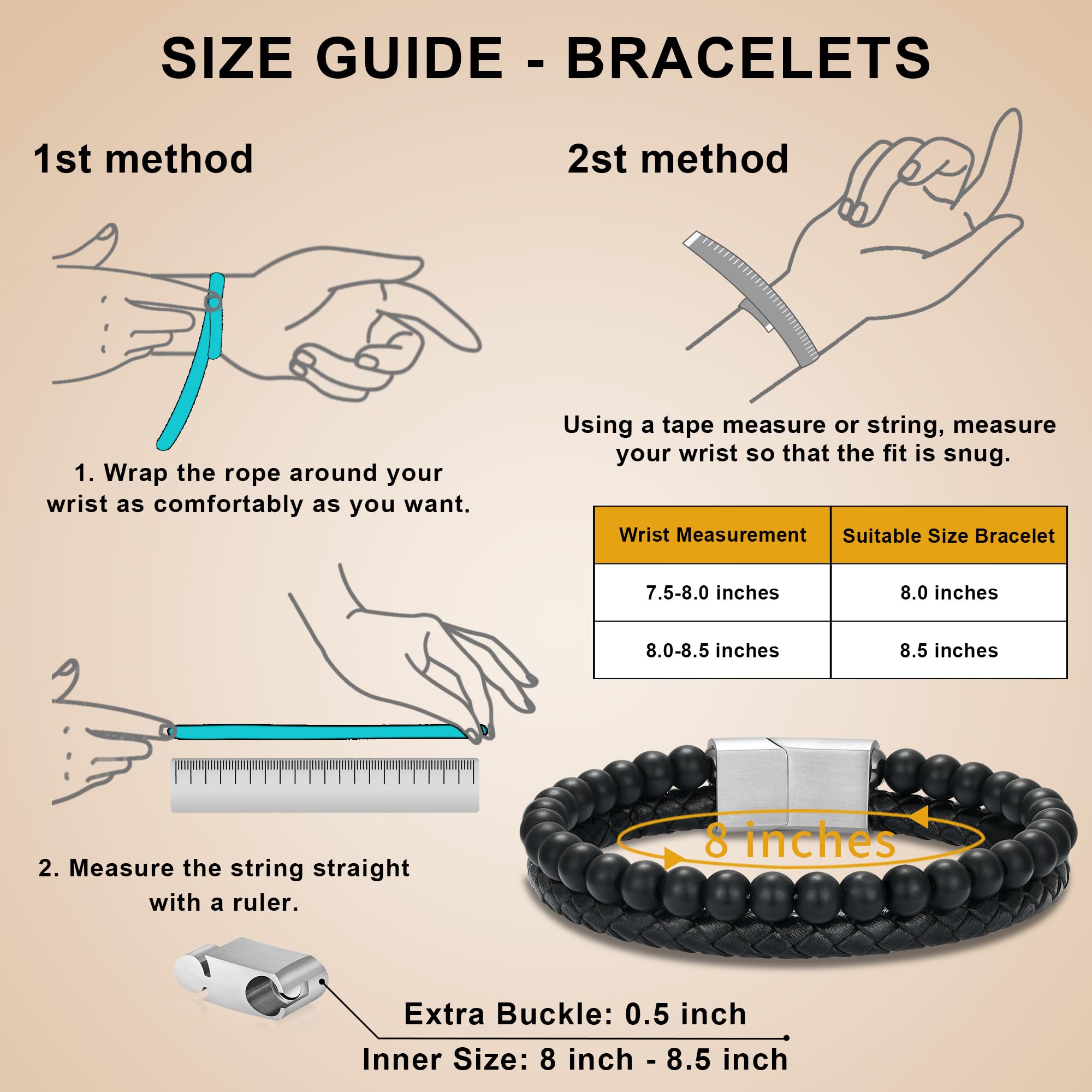 Regalo Navidad para hombre, brazalete de cuero con cuentas, con letra inicial nombre, 15/64 de pulgada, ágata mate, hecho a mano, ajustable, cierre magnético (acero inoxidable), 6
