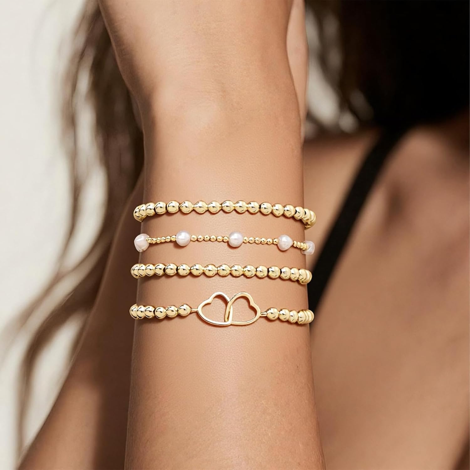 Gold Beaded Bow Heart Paperclip Pearls Stack Bracelet Set for Women, 4Pcs Handmade Golden Beads Pearl Stretchable Stackable Bracelets Party Jewelry Accessories Christmas Gift - Image 3