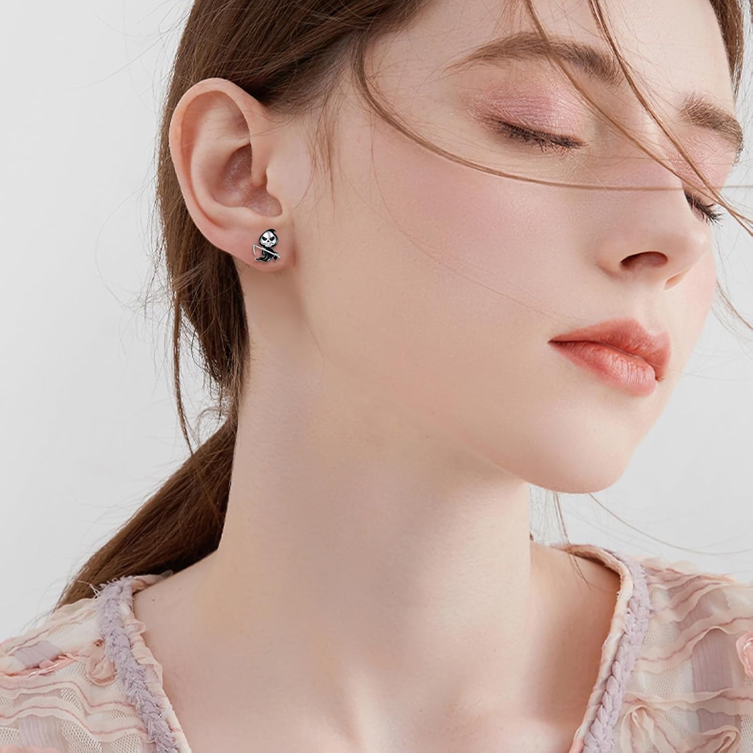 Halloween Earrings for Women Grim Reaper Earrings 925 Sterling Silver Ghost Skull Stud Earrings Hypoallergenic Halloween Pumpkin Jewellery Gifts for Women - Image 2