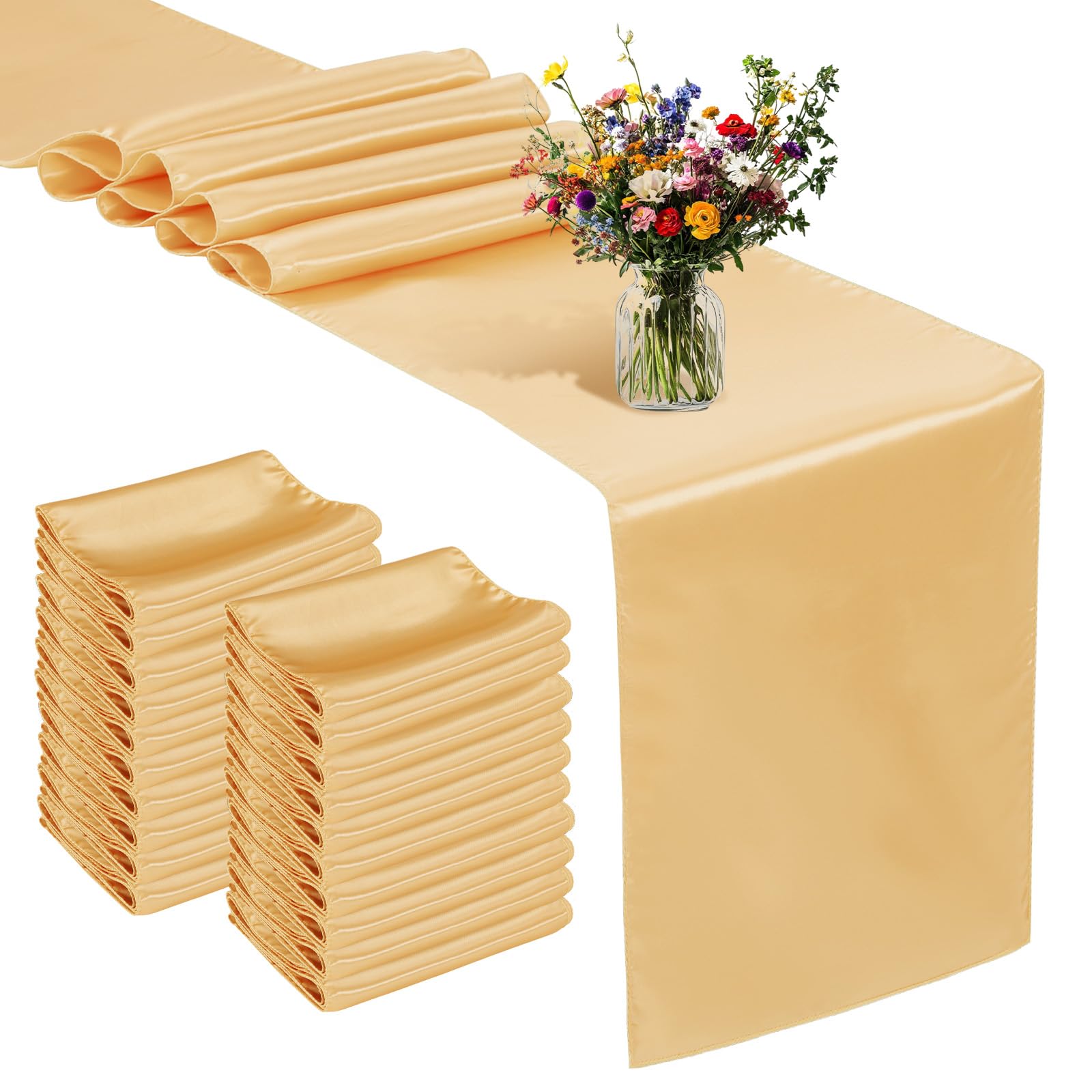 Photo 1 of 20 Pack Satin Gold Table Runner Bulk 12 x 108 Inch Silk Tablecloth Cover for Rectangle Table Rustic Wedding Party Decor for Bridal Shower Birthday Graduation Party Banquet Decor