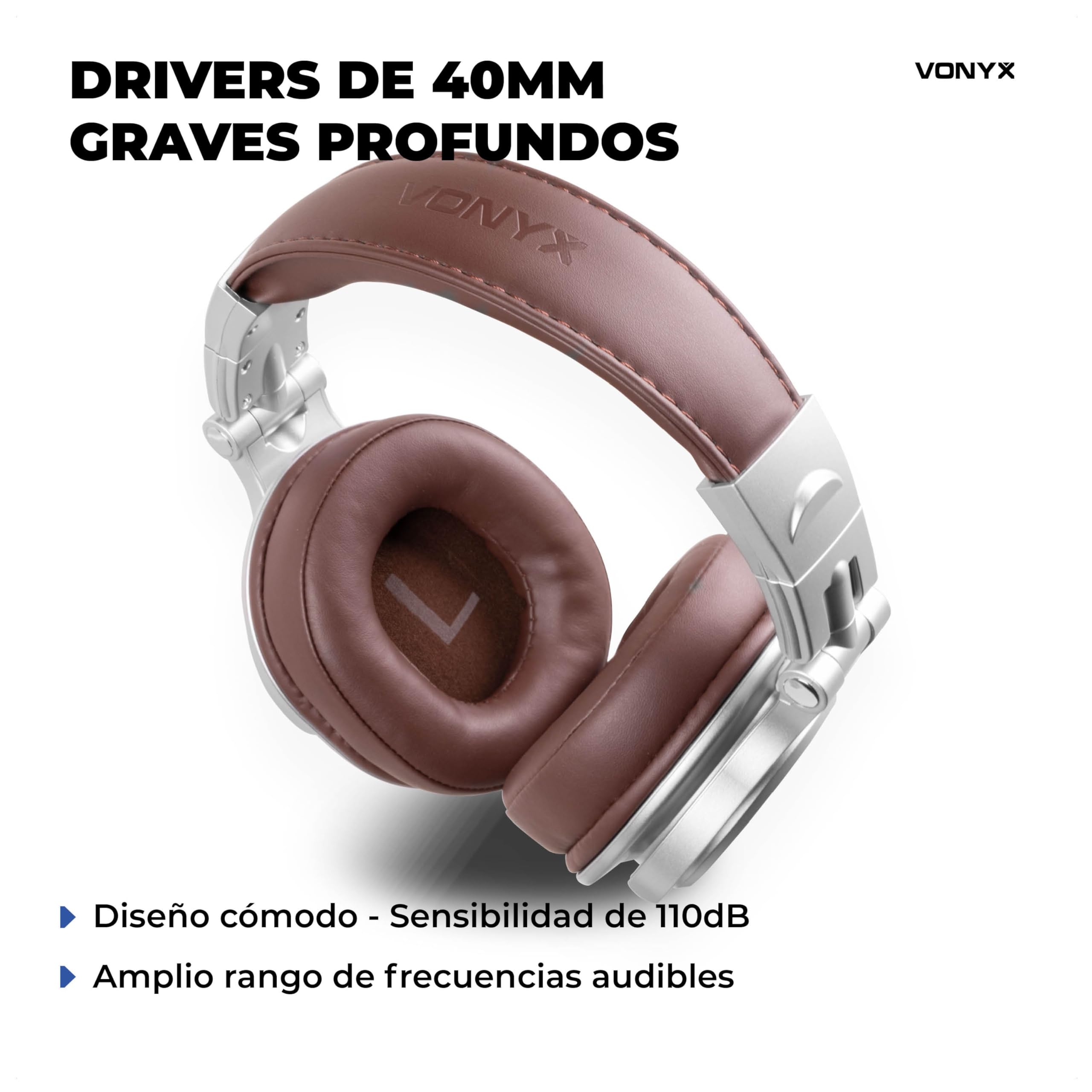 Vonyx HDX120WSN – Auriculares Bluetooth DJ BT 5.3, batería 75h, Drivers 40 mm, Jack 3,5 y 6,3 mm, Auriculares inalámbricos DJ Plegables con Cable para música y Estudio, Color Aluminio