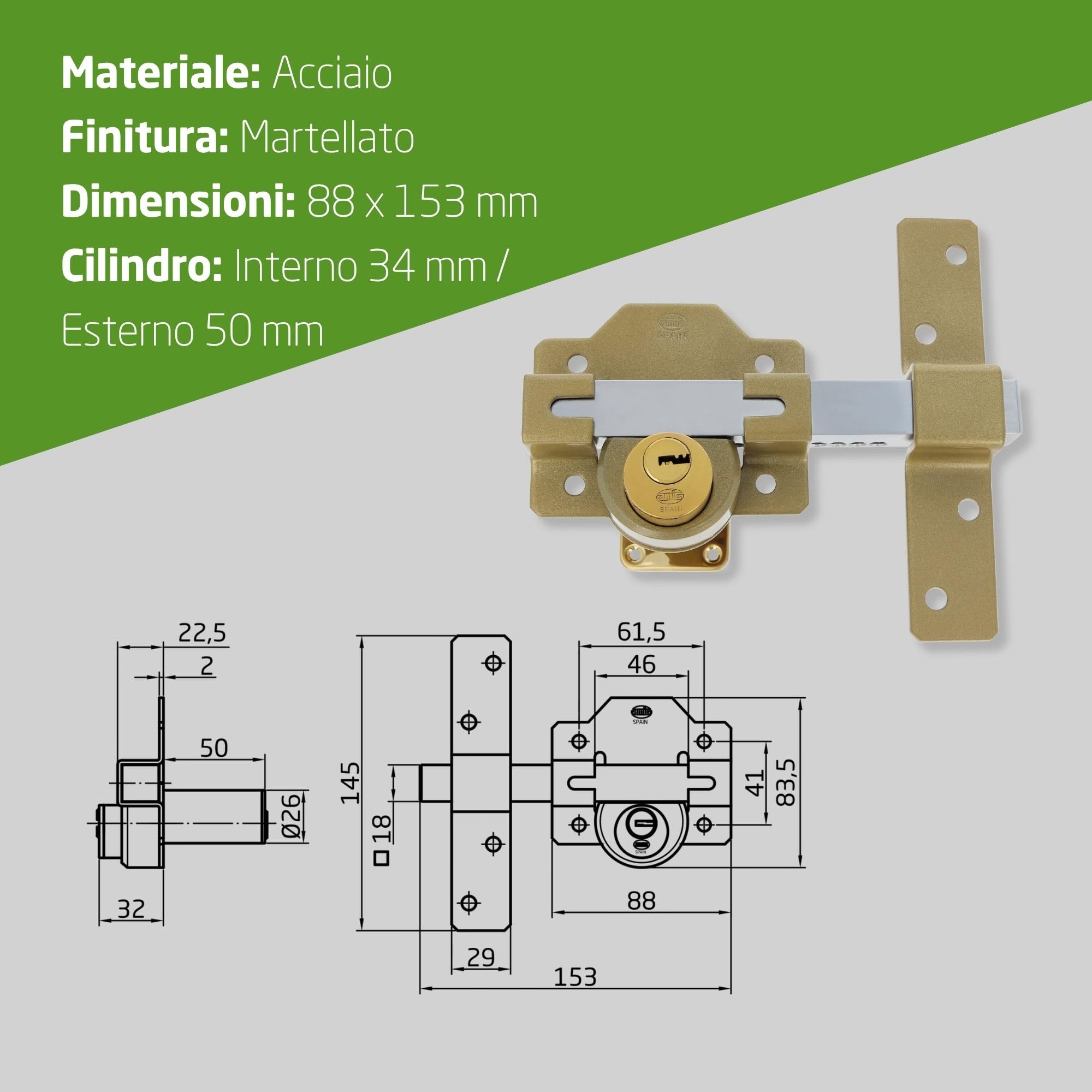 Amig - Catenaccio Porta di Sicurezza da Applicare con Cilindro Rotondo Interno ed Esterno Mod. 4 - Serratura con Chiave - 88 x 153 mm - Include 5 Chiavi a Punti - Acciaio Martellato