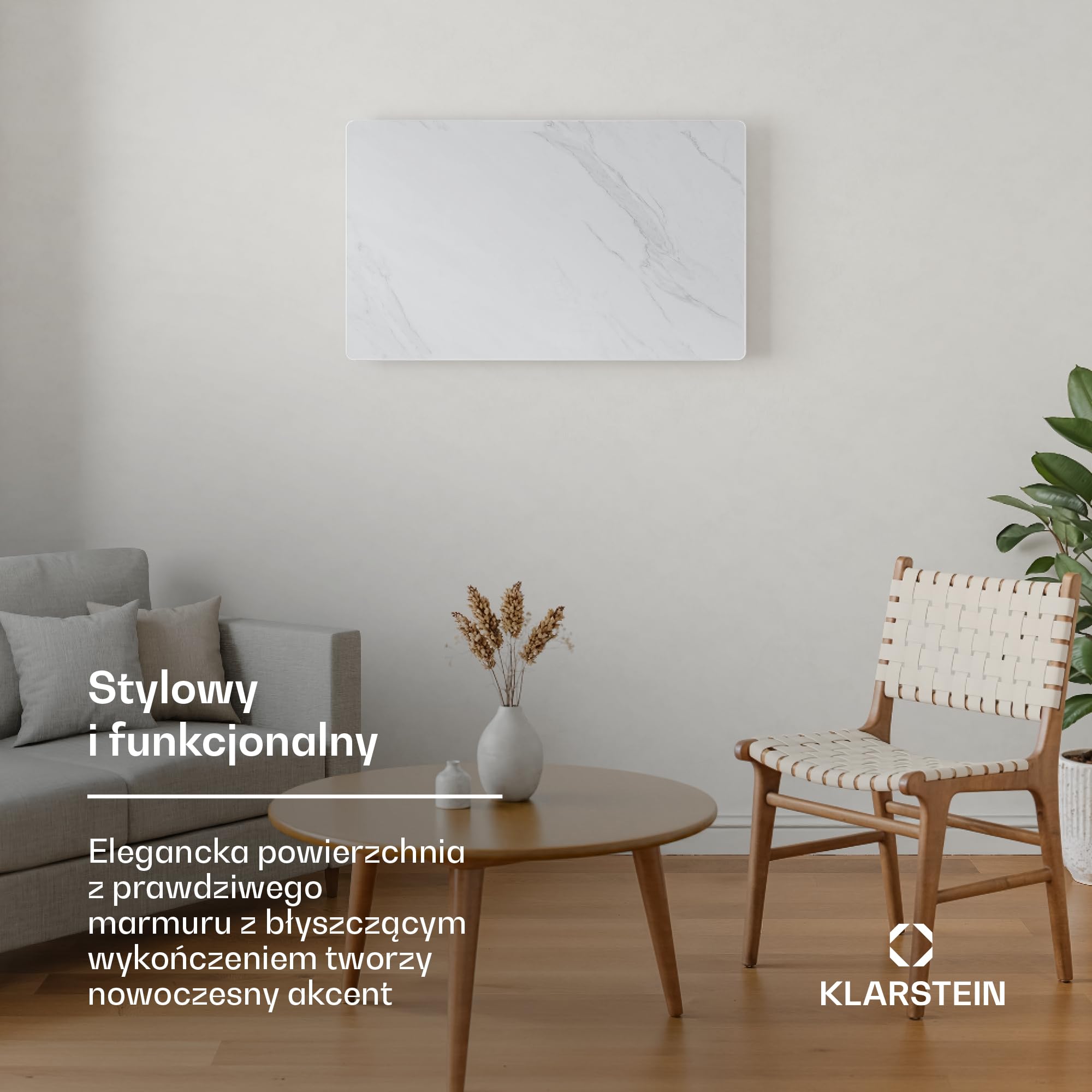 Klarstein Ogrzewanie na podczerwień 600 W – montaż na ścianie i urządzenie stojące, termostat, sterowanie aplikacją, wygląd marmuru, IP43, ochrona przed przegrzaniem, do łazienki i salonu, elektryczne